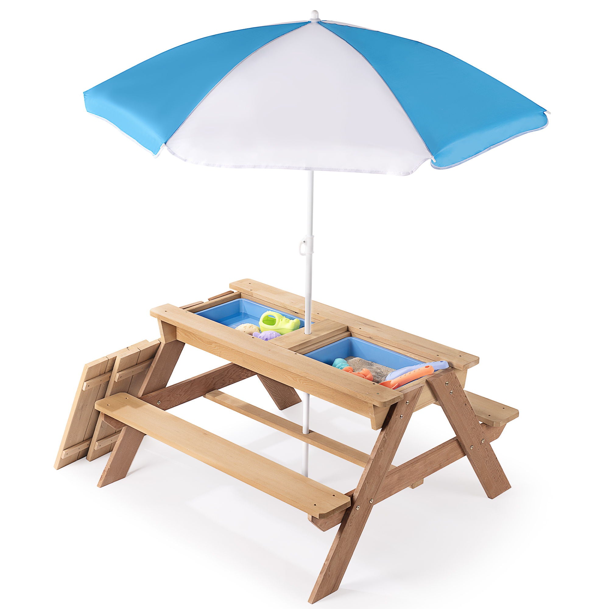 3-In-1 Kids Outdoor Wooden Picnic Table With Umbrella, Convertible Sand & Water, ASTM & CPSIA Certification