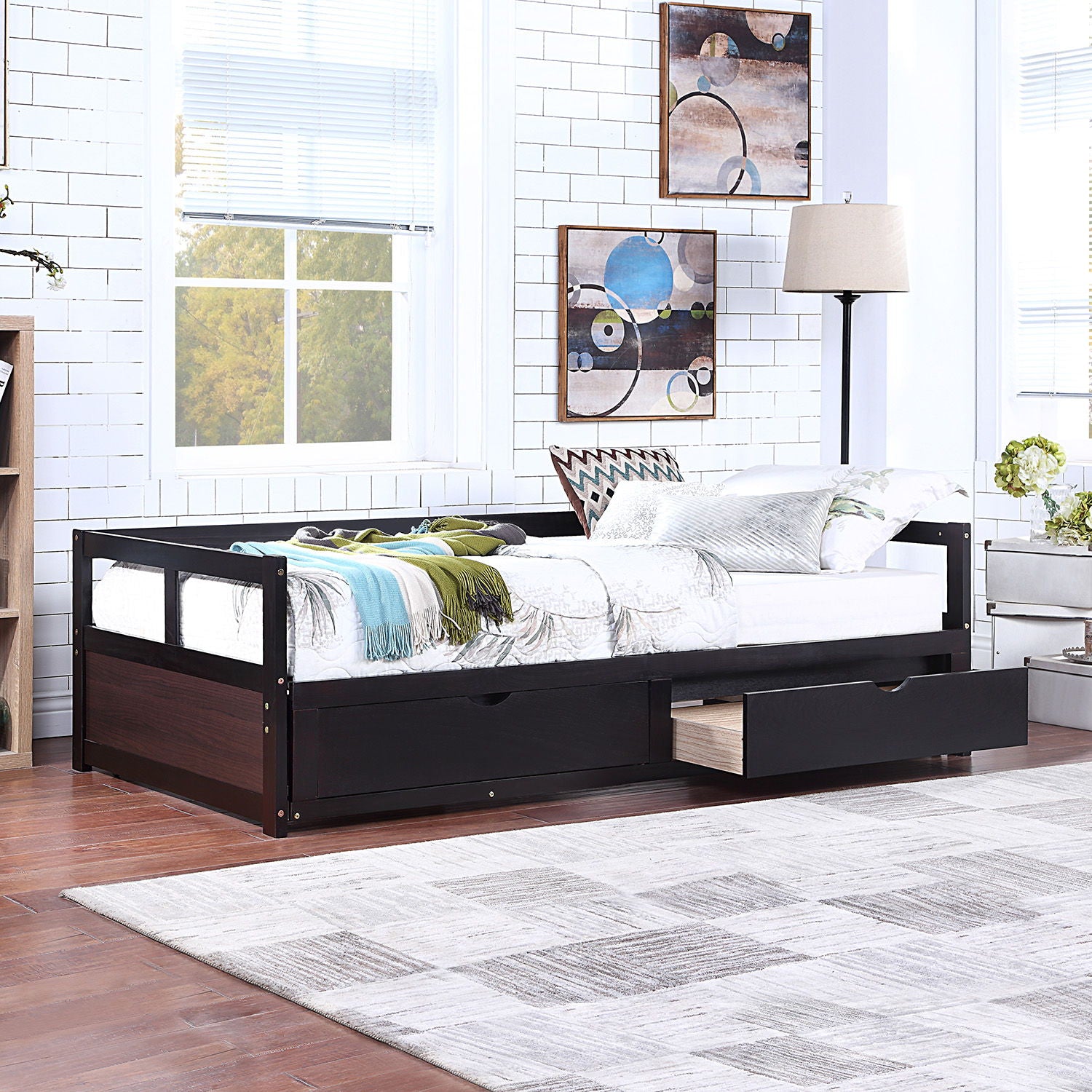 Wooden Daybed With Trundle Bed And Two Storage Drawers, Extendable Bed Daybed, Sofa Bed For Bedroom Living Room