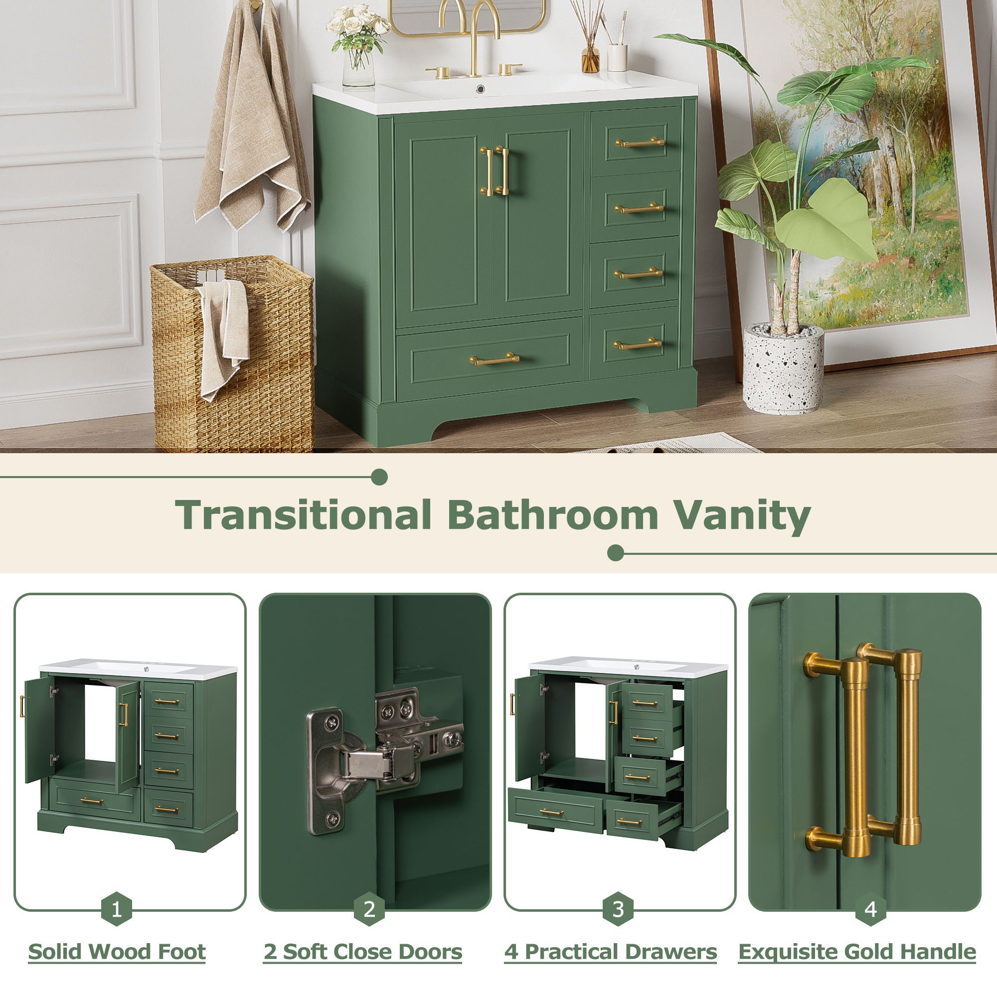 Traditional Bathroom Vanity With Resin Sink Combo Set, Bathroom Cabinet With Two Doors And Four Drawers