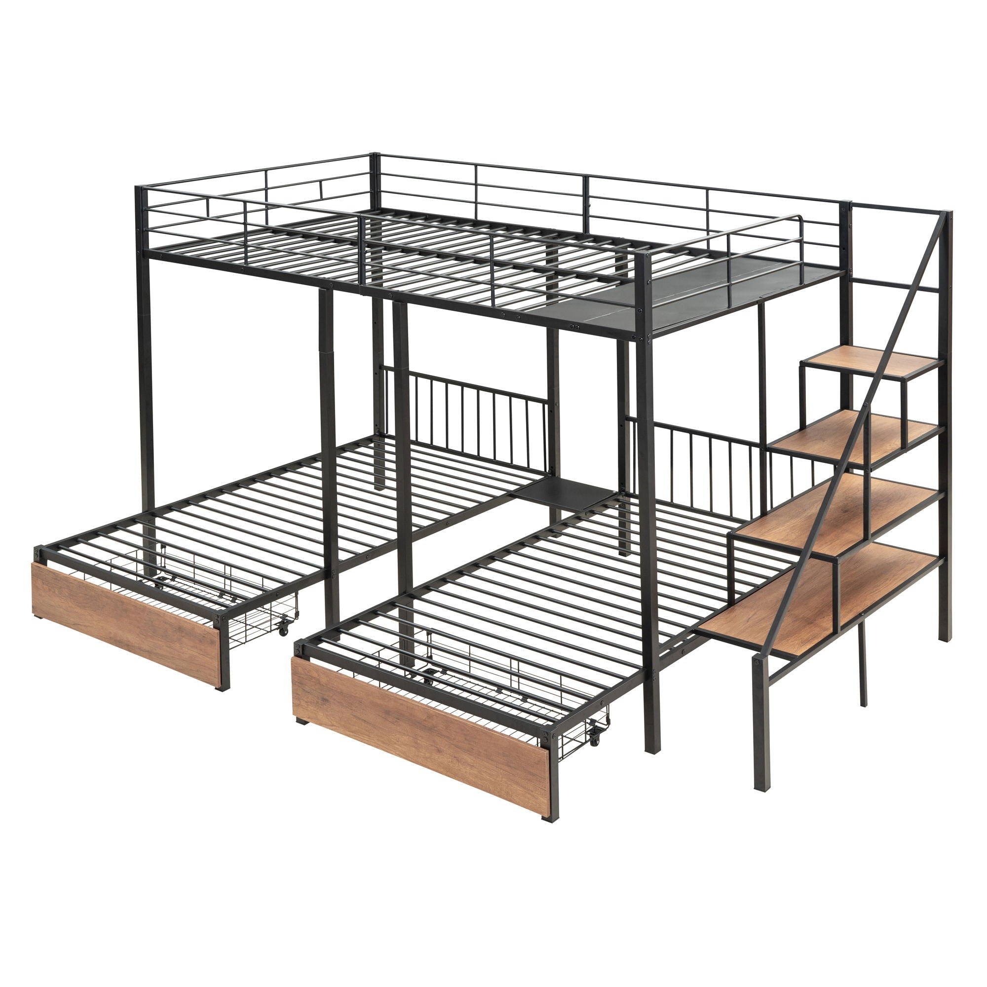 Full Over Twin-Twin Triple Bunk Bed With Drawers And Staircase - Black