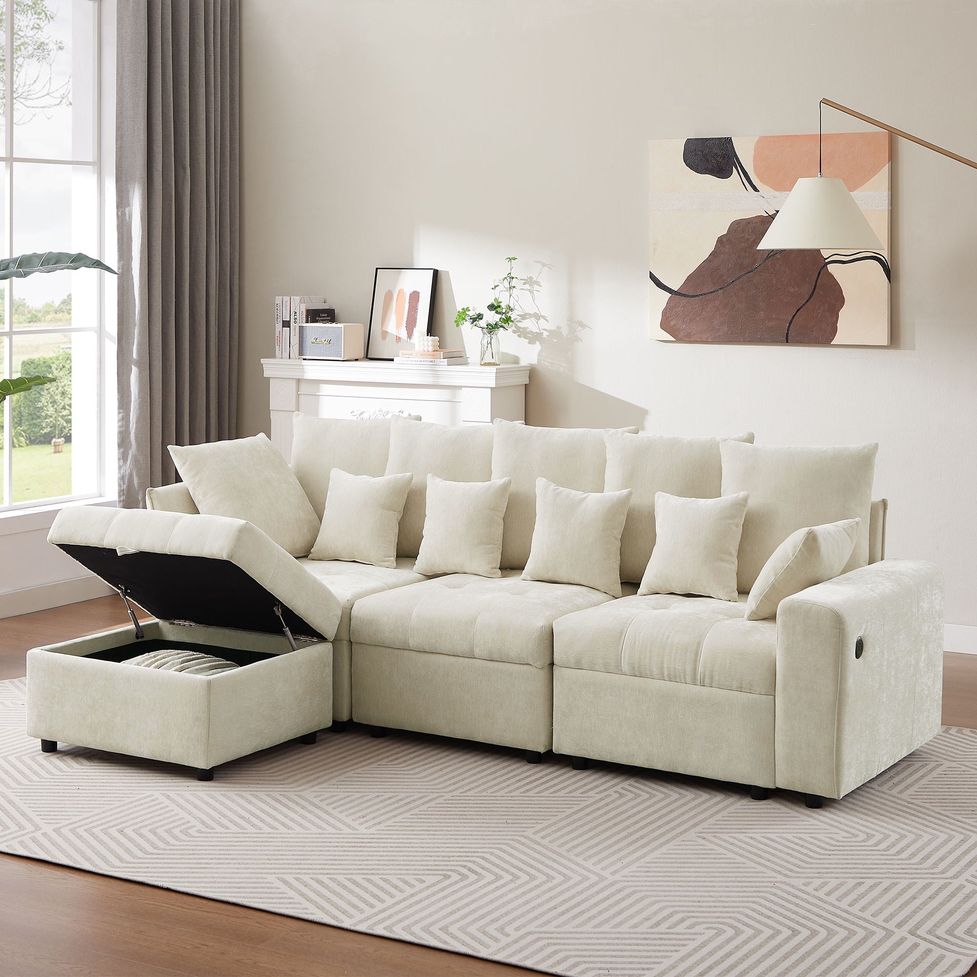 Sectional Sofa Modular Sofa Couch With Three USB Ports, A Removable Storage Ottoman And Five Back Pillows For Living Room