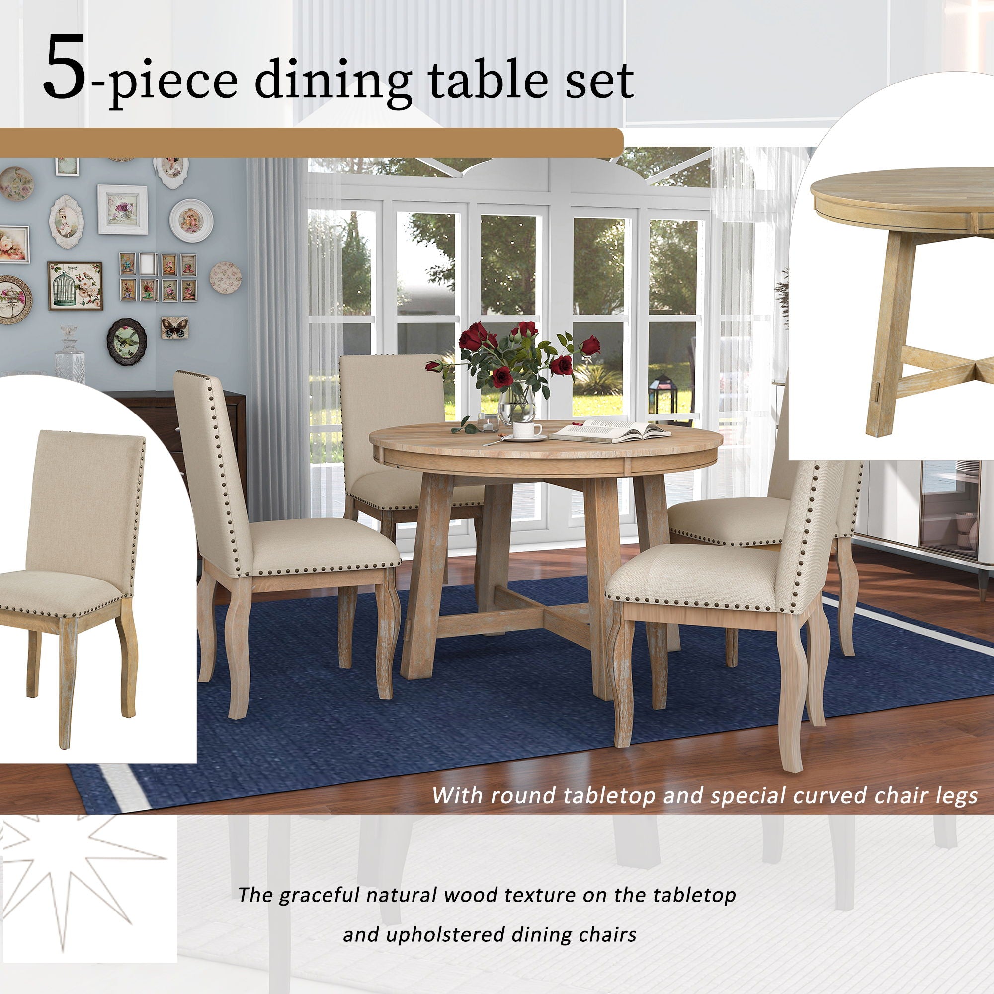 Farmhouse Dining Table Set Wood Round Extendable Dining Table And Upholstered Dining Chairs