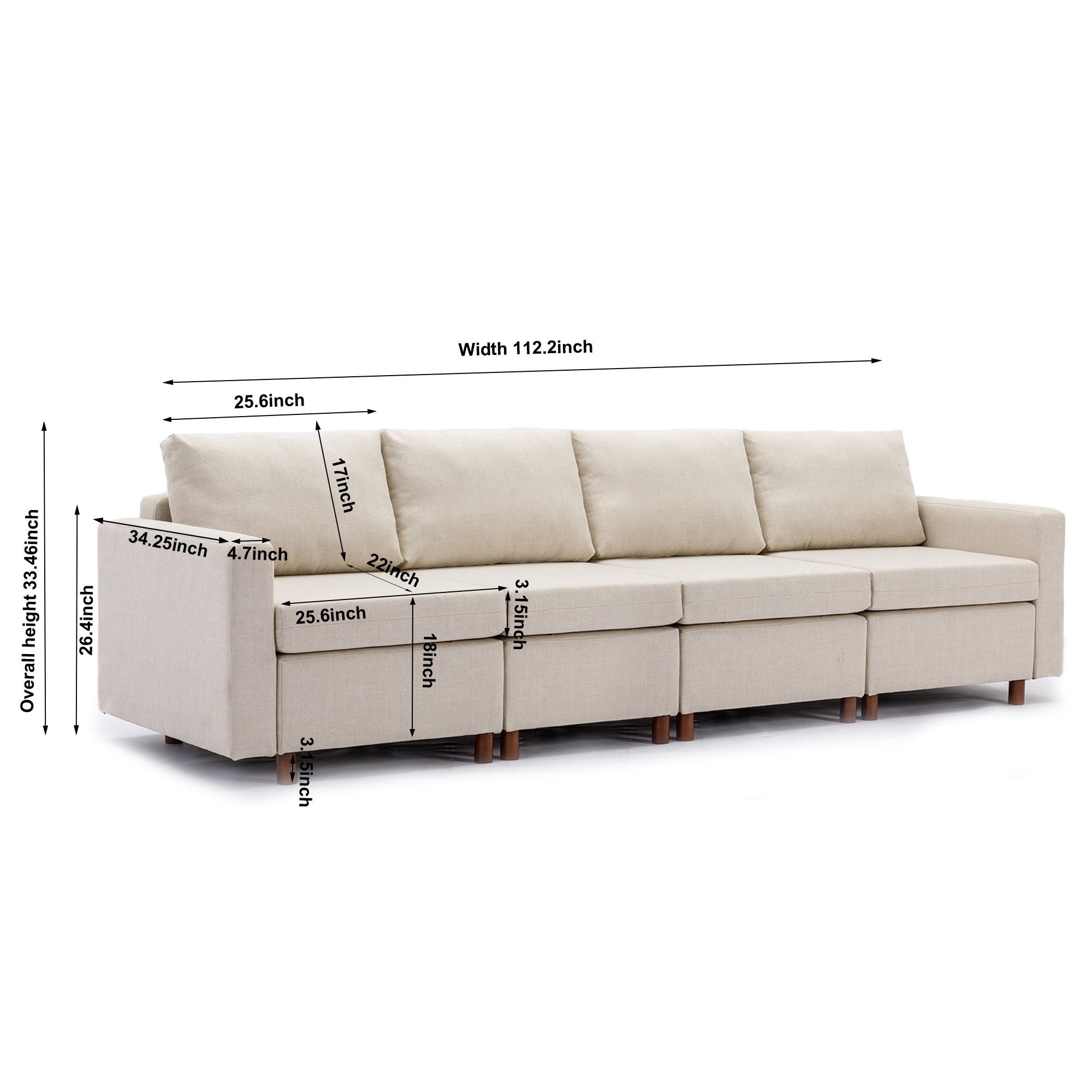 4 Seat Module Sectional Sofa Couch With 1 Ottoman For Living Room, Seat Cushion And Back Cushion Non-Removable And Non-Washable