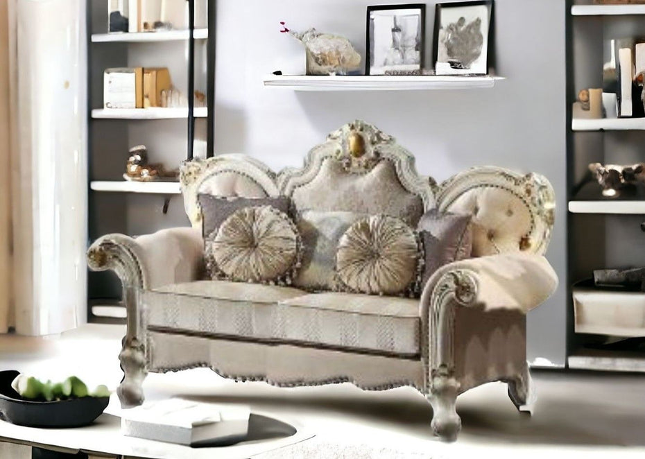 Velvet Loveseat And Toss Pillows - Gold / Pearl