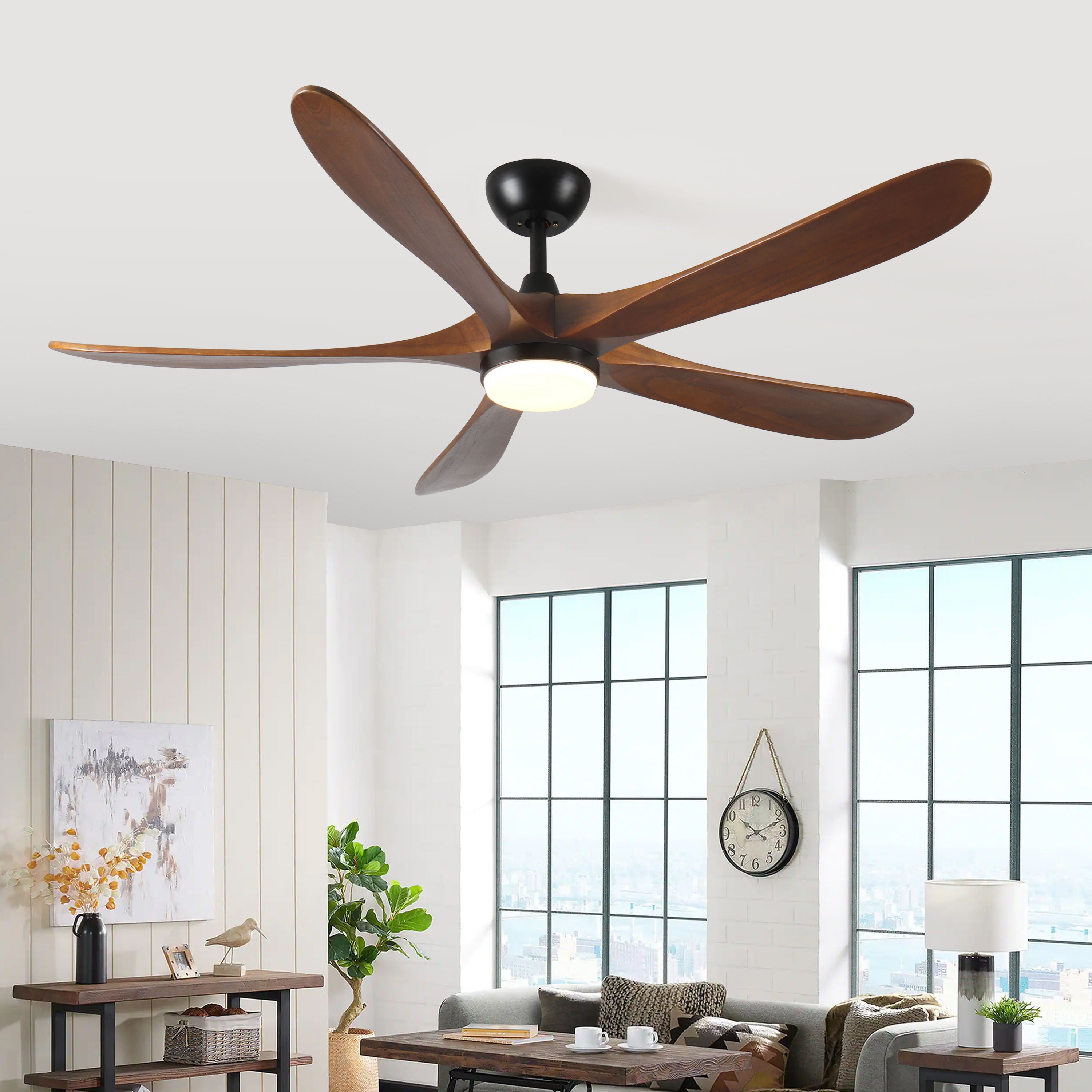 Solid Wood With Remote Control With Light (LED) Modern DC Motor Indoor / Outdoor 5 Blade Ceiling Fan For Patios, Bedrooms And Farmhouses - Antique Brown