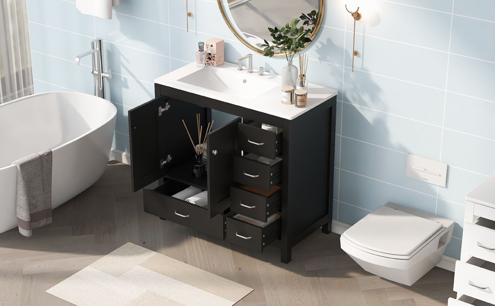 Bathroom Vanity With Ceramic Sink Combo, Abundant Storage Cabinet -2 Soft-Close Doors And 5 Drawers