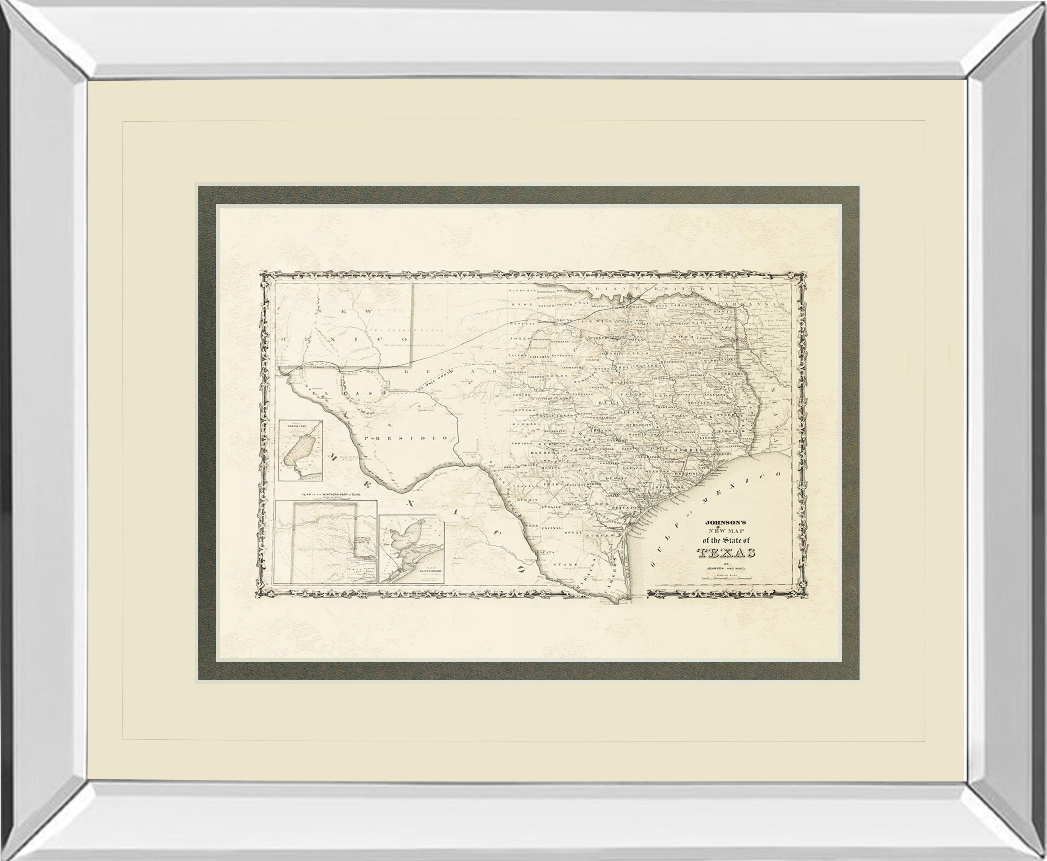 New Map Of The State Of Texas By Johnson And Wank - Mirror Framed Print Wall Art - White