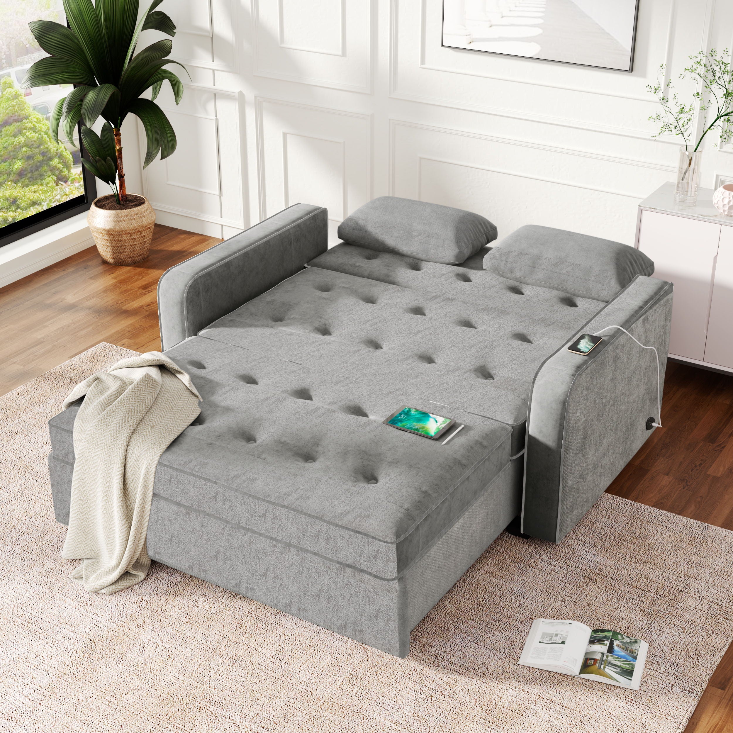 Upholstered Sleeper Bed, Pull Out Sofa Bed Couch Attached Two Throw Pillows, Dual USB Charging Port And Adjustable Backrest For Living Room Space