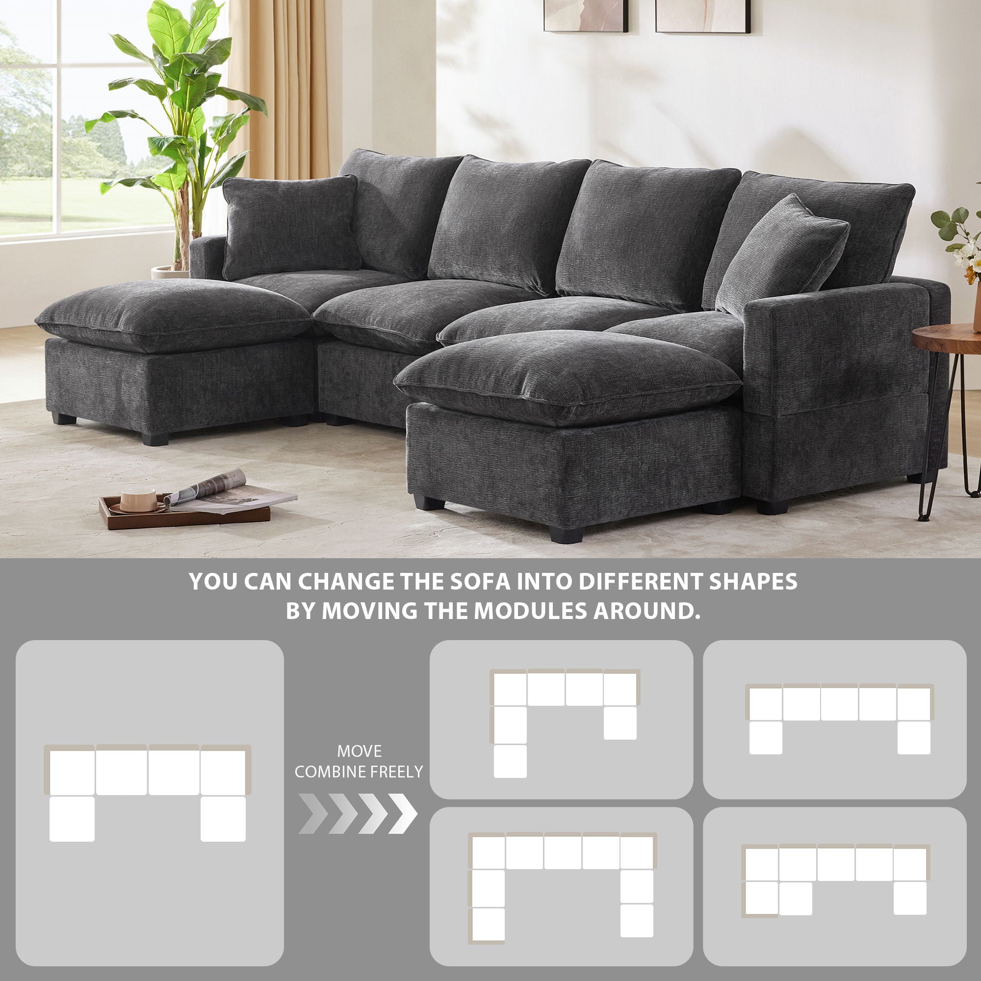 Modern U-Shape Modular Sofa, 6 Seat Chenille Sectional Couch Set With 2 Pillows Included, Freely Combinable Indoor Funiture For Living Room, Apartment, Office