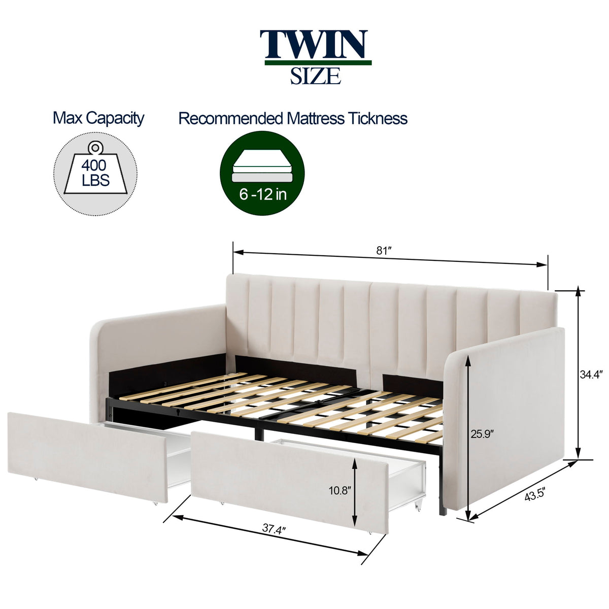 Flora - Upholstered Daybed With 2 Drawers Ribbed Tufted Backrest in Lavish Modern Design by House & Home Furniture | Bel Furniture