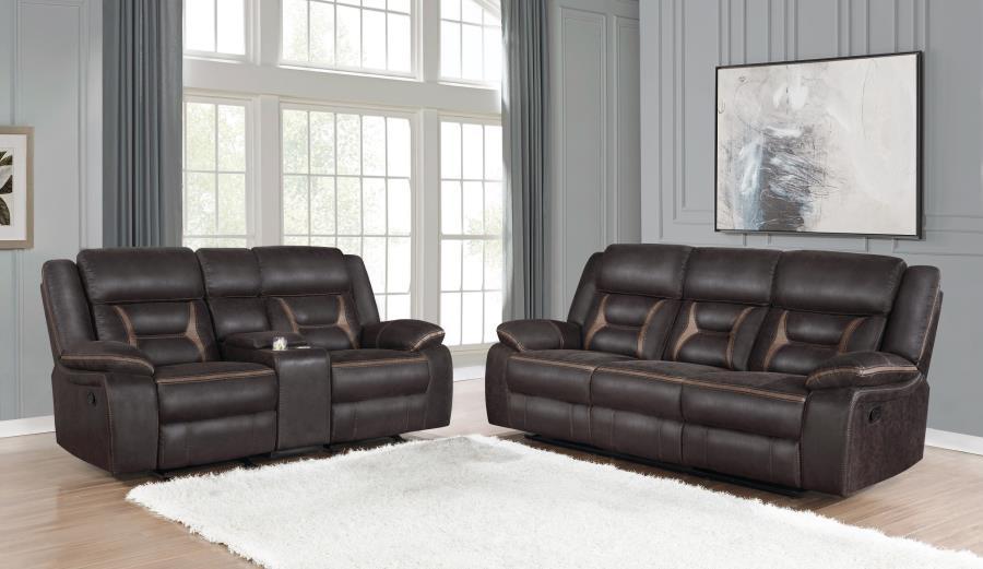 Greer - Upholstered Reclining Sofa Set Dark Brown 2 Pc. Sofa, Loveseat by CoasterEveryday | Bel Furniture