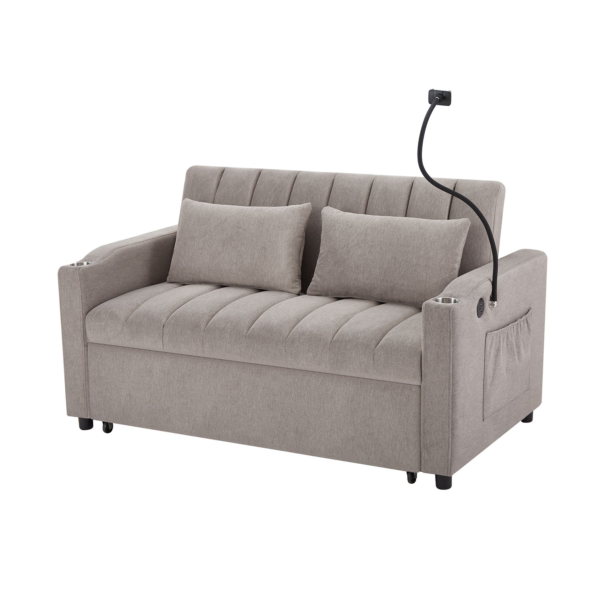 Convertible Sofa Bed Loveseat Sofa With Three USB Ports, Two Side Pockets, Two Cup Holders And 360° swivel Phone Holder For Living Room