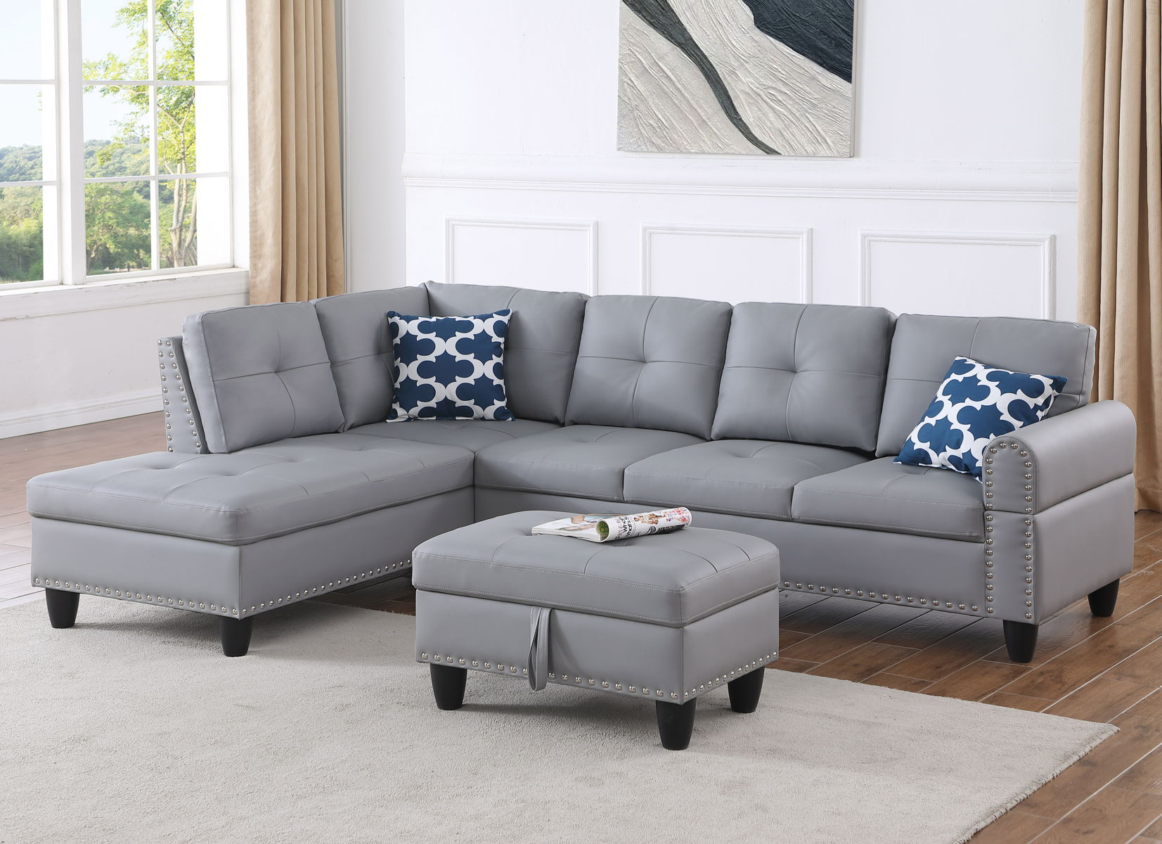 Irine - Faux Leather Sectional Sofa With Ottoman - Gray