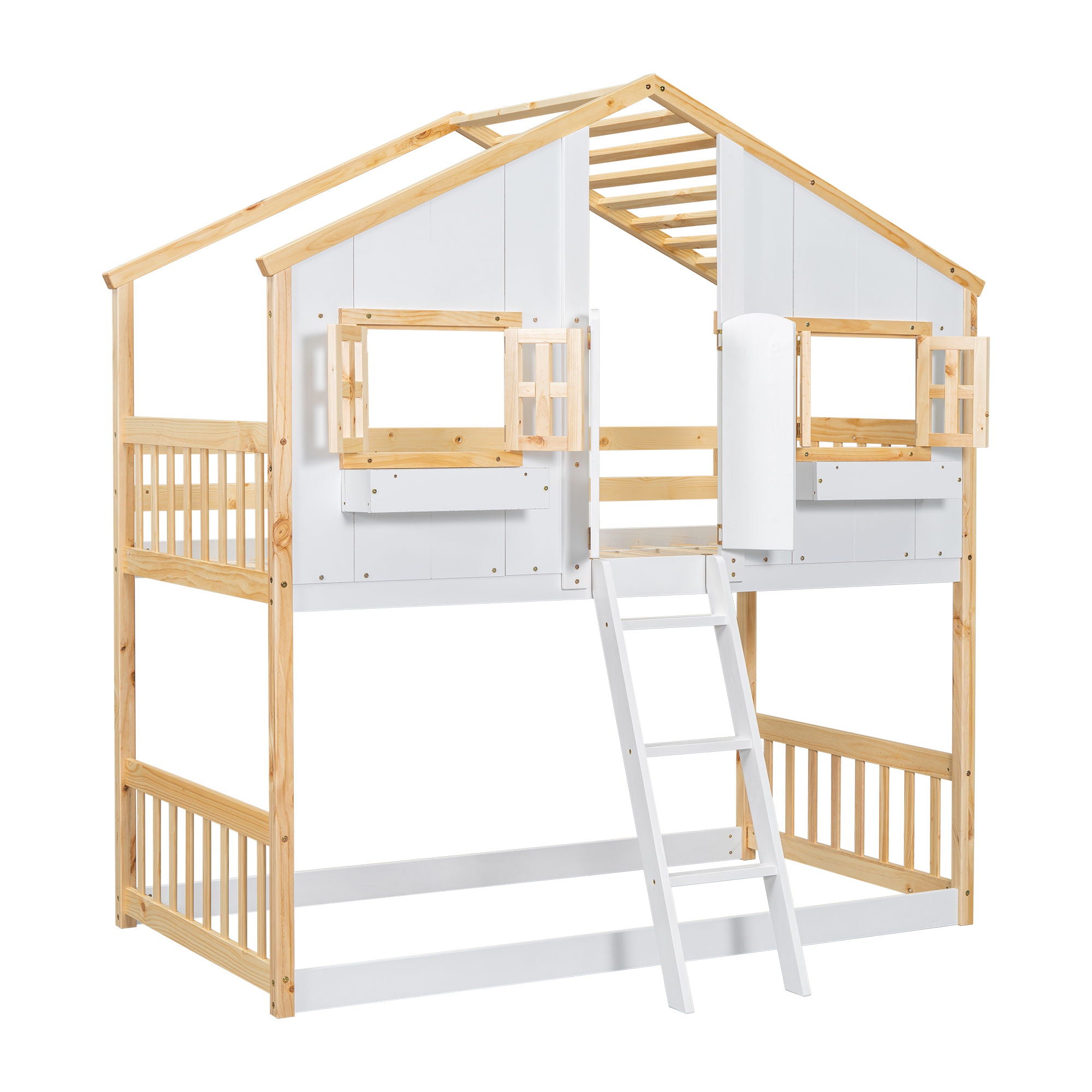 House Bunk Bed With Roof, Window, Window Box, Door, With Safety Guardrails And Ladder