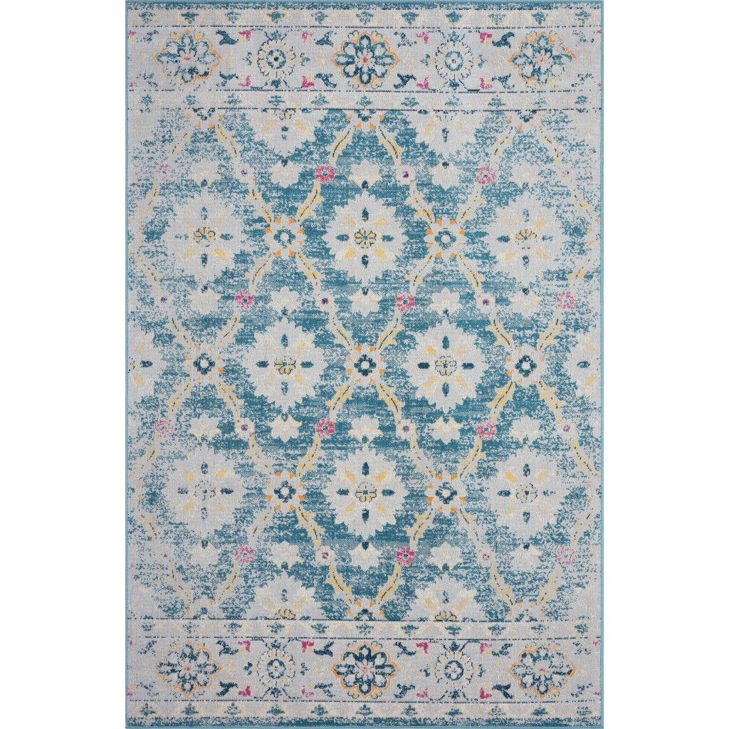 8' X 10' Floral Stain Resistant Outdoor / Indoor Area Rug - Blue / Gray