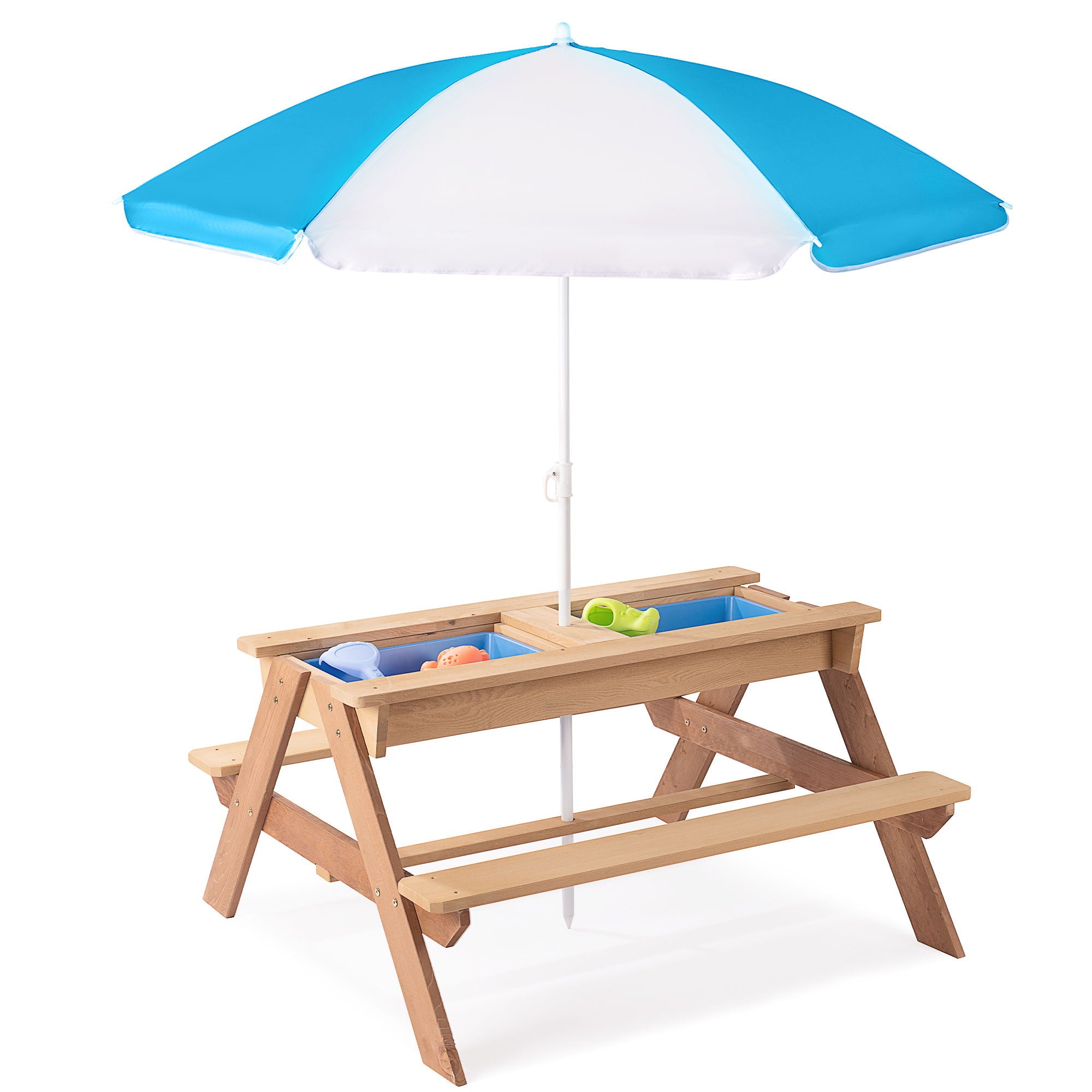 3-In-1 Kids Outdoor Wooden Picnic Table With Umbrella, Convertible Sand & Water, ASTM & CPSIA Certification