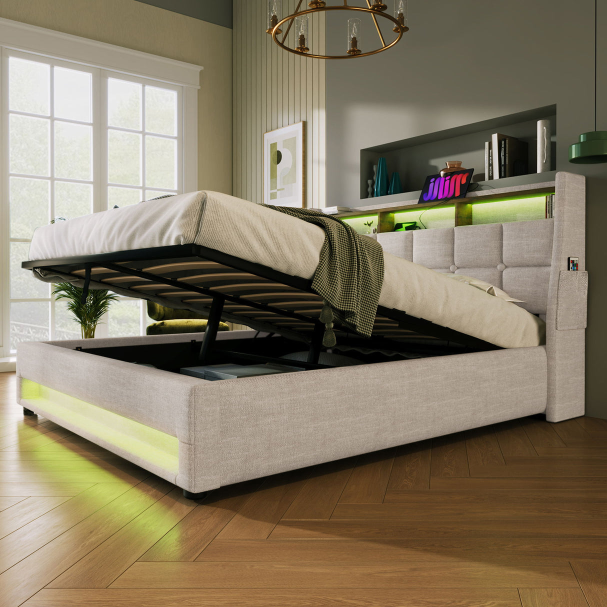 Upholstered Platform Bed With A Hydraulic Storage System, LED And USB Charging (Without Mattress)
