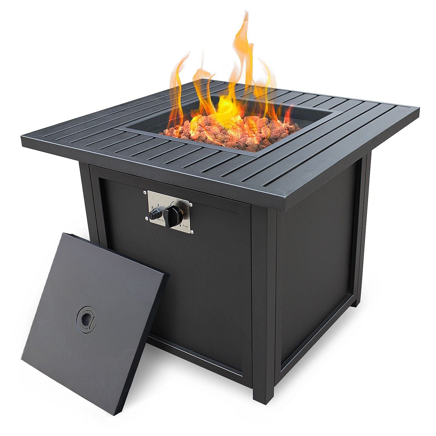 Square Propane Fire Pit With Lava Rocks And Cover - Black