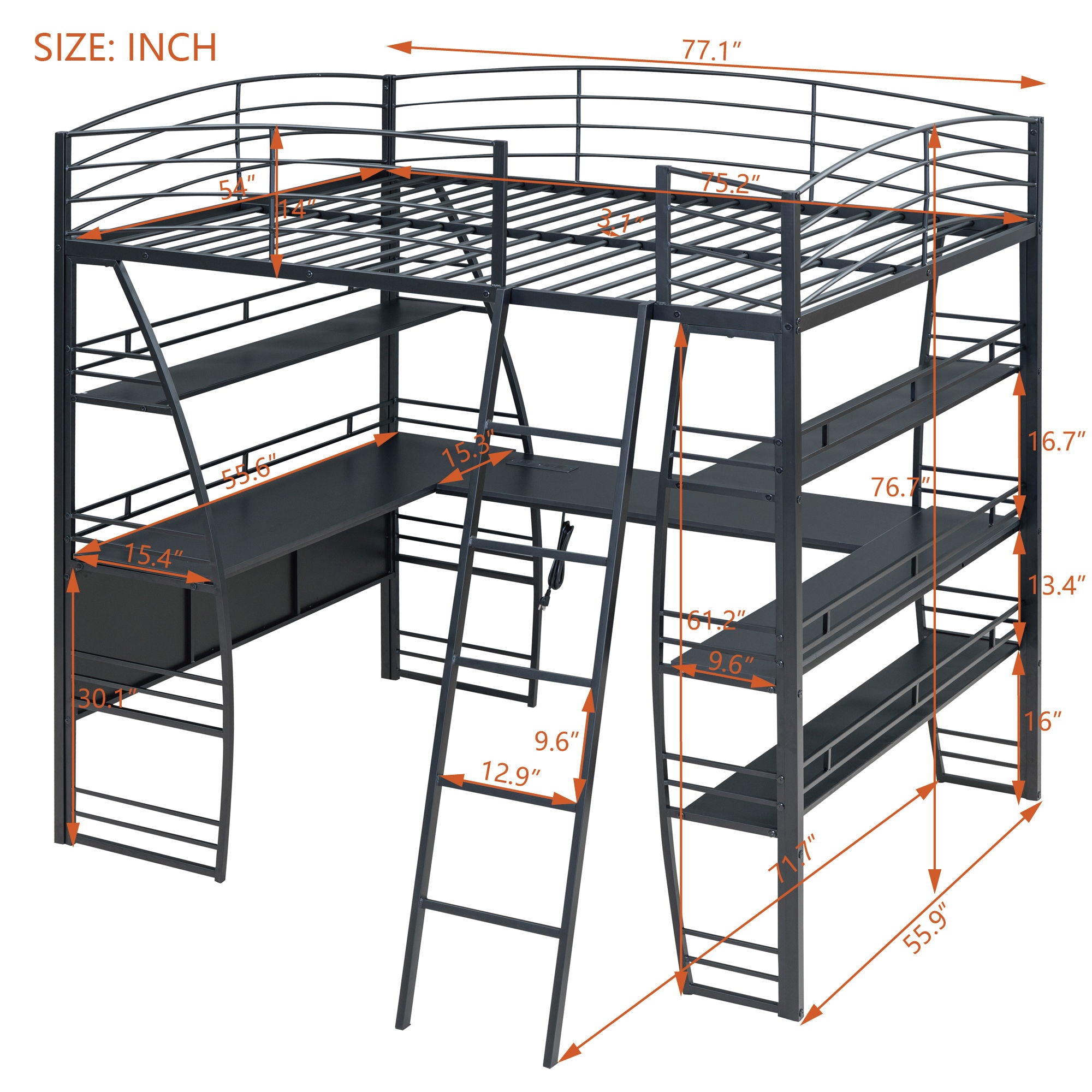 Loft Bed With 4 Layers Of Shelves And L-Shaped Desk, Stylish Metal Frame Bed With A Set Of Sockets, USB Ports And And Wireless Charging