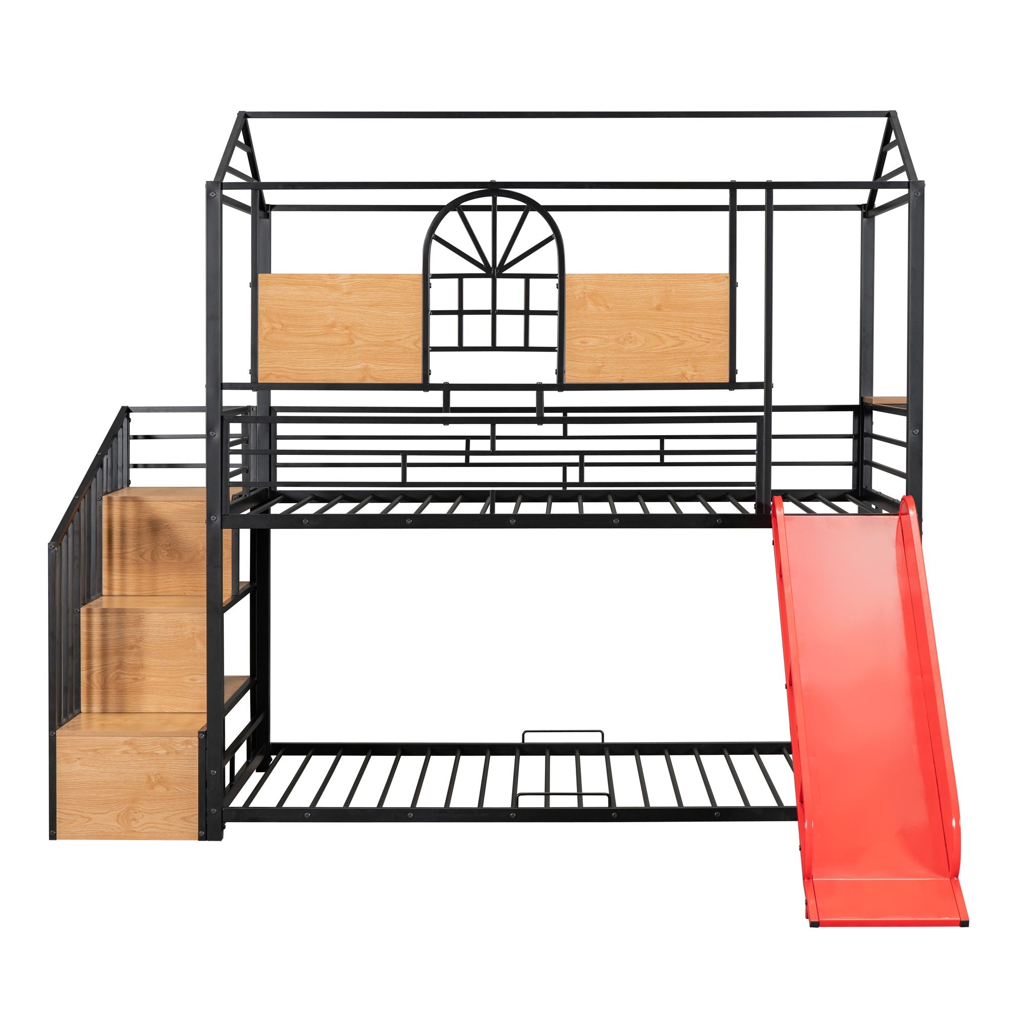 Metal Bunk Bed, Metal Housebed With Slide And Storage Stair