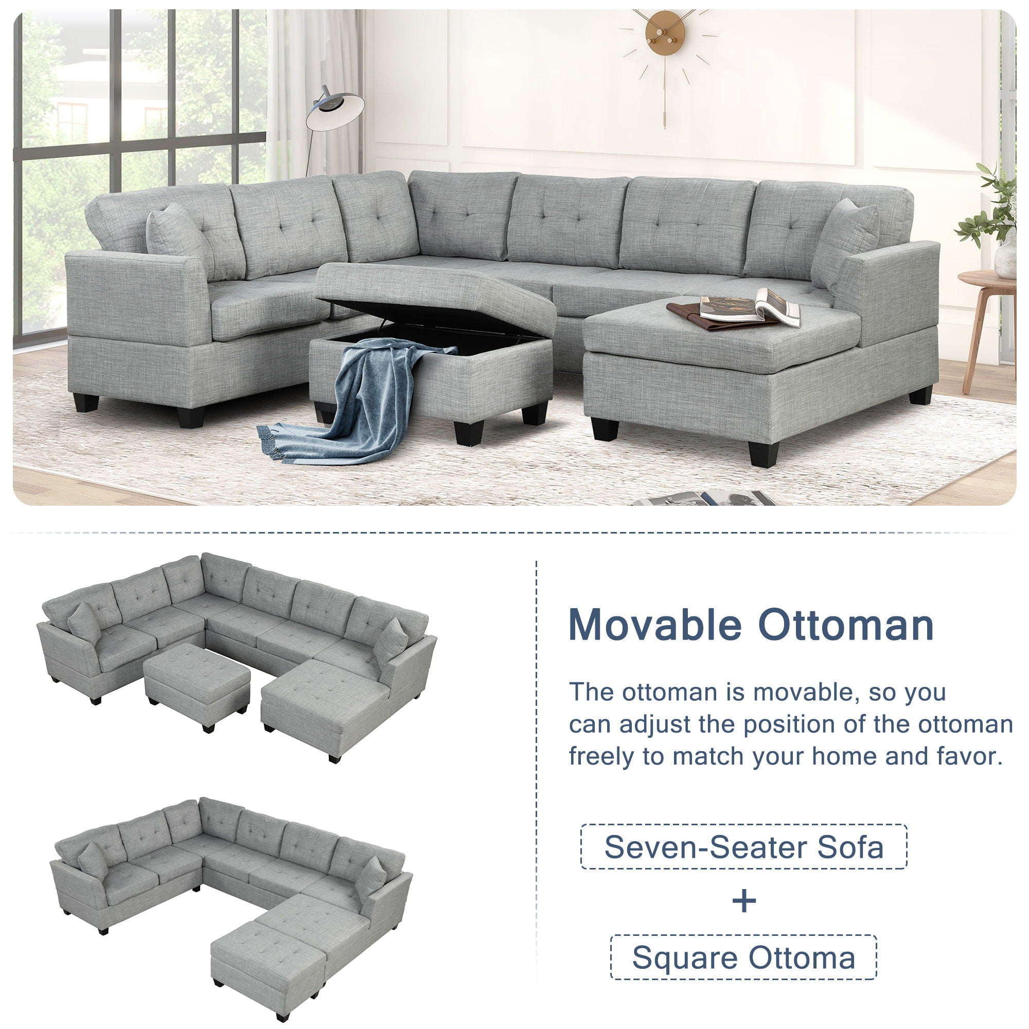 Oversized Sectional Sofa With Storage Ottoman, U-Shaped Sectional Couch With 2 Throw Pillows For Large Space Dorm Apartment