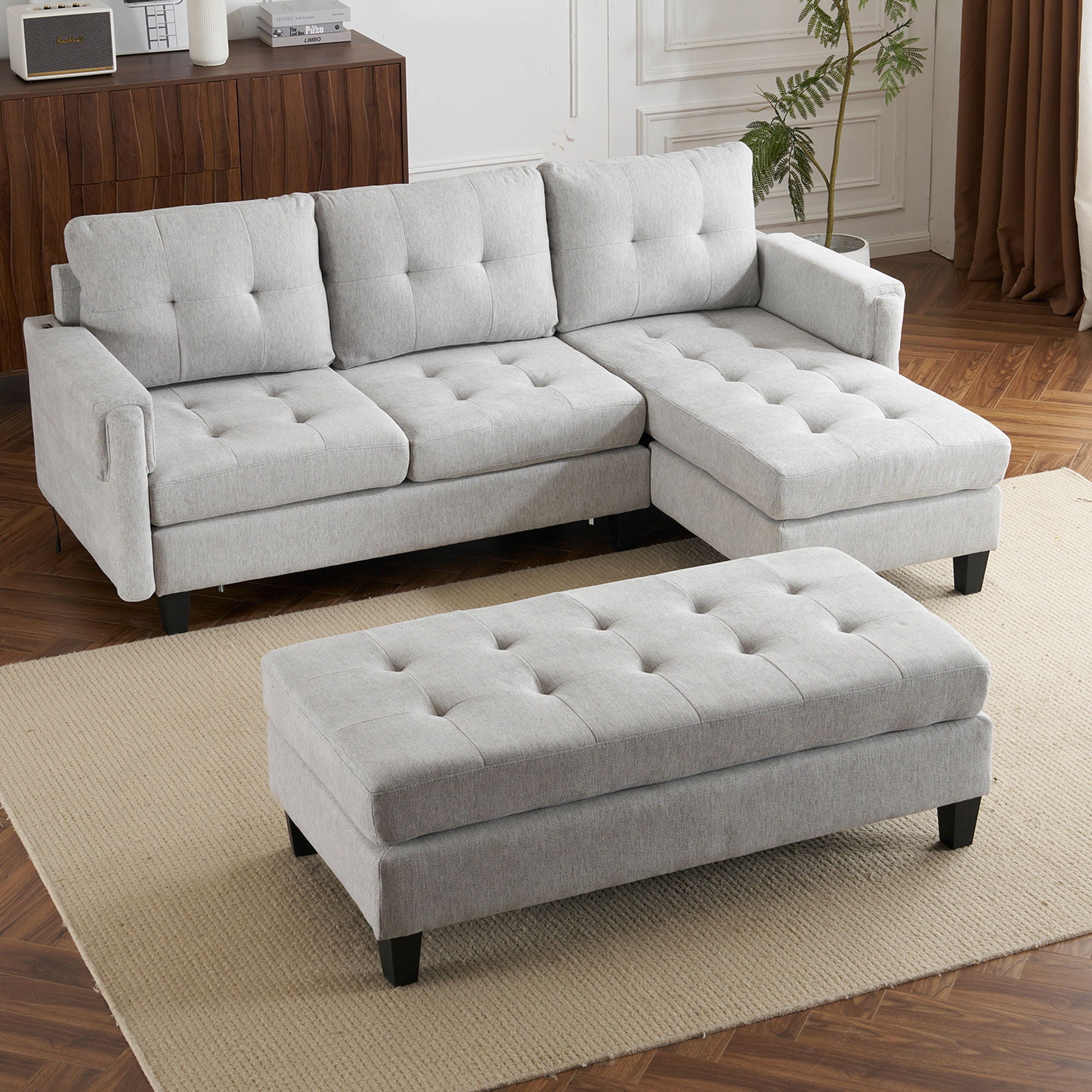 L Shaped Sofa Sectional Couch Sofa Bed With Two USB Ports, A Movable Ottoman And A Reversible Chaise Lounge For Living Room