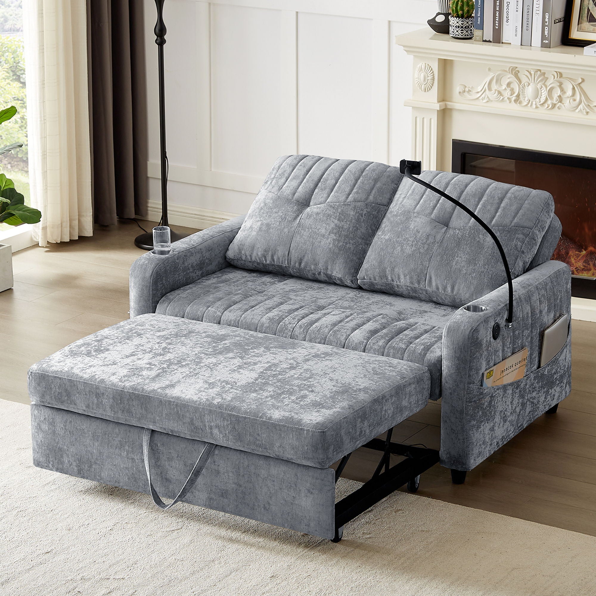 Modern Loveseat Pull Out Sofa Bed With Adjustable Backrest, Two Cup Holders, A Phone Holder, Three Charging Ports And Side Storage Pockets For Living Room