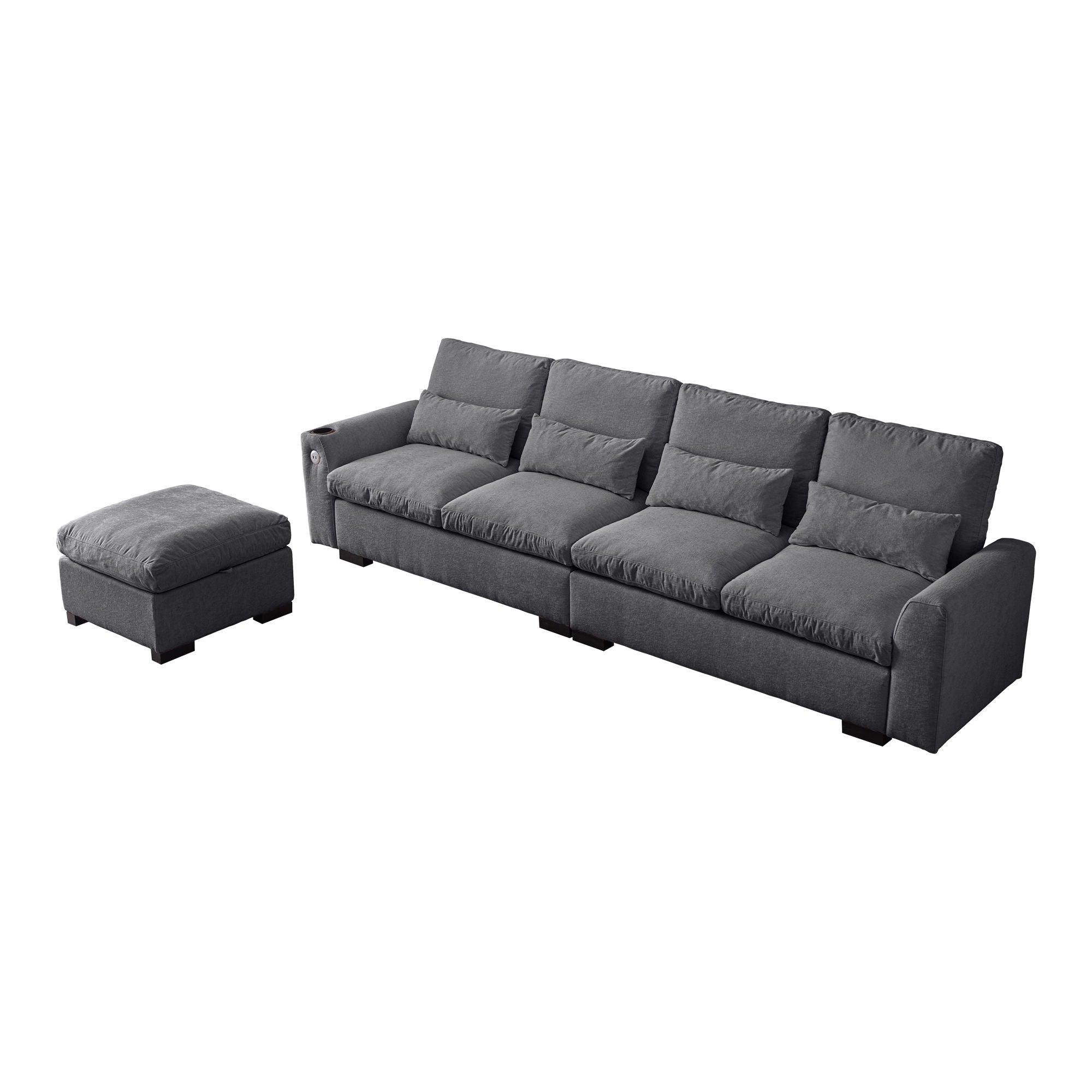 Modern Modular L Shaped Chenille Sofa Couch Reversible Ottoman With Storage Removable And Washable Cushions Sofa With USB Ports & Cup Holder For Living Room