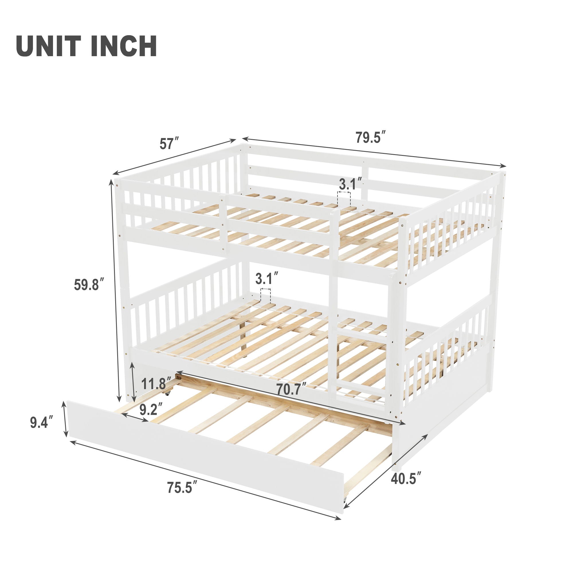 Bunk Bed With Trundle, Convertible To 2 Size Platform Bed, Bunk Bed With Ladder And Safety Rails For Kids