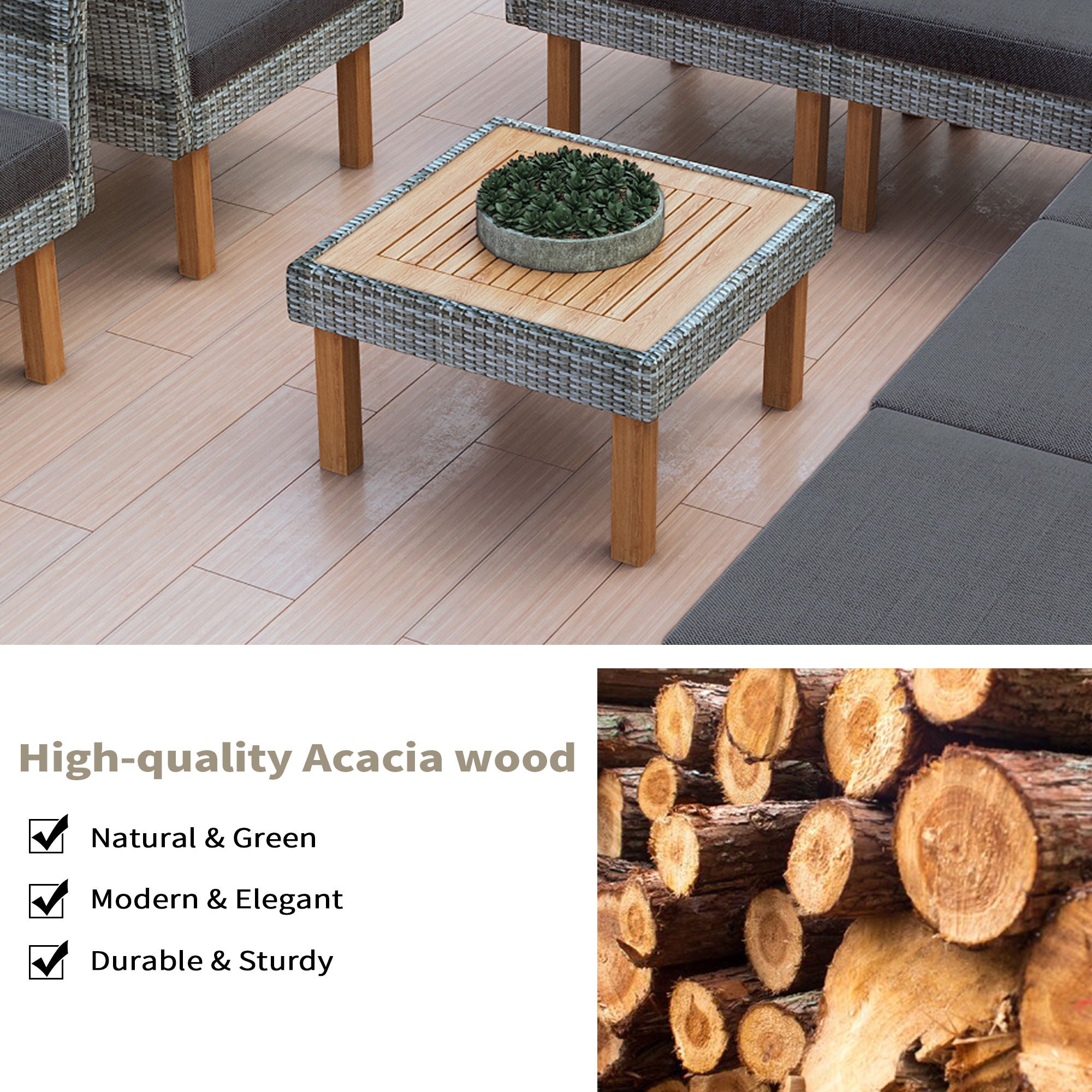 9 Piece Patio Rattan Furniture Set, Outdoor Conversation Set With Acacia Wood Legs And Tabletop, PE Rattan Sectional Sofa Set With Coffee Table, Washable Cushion