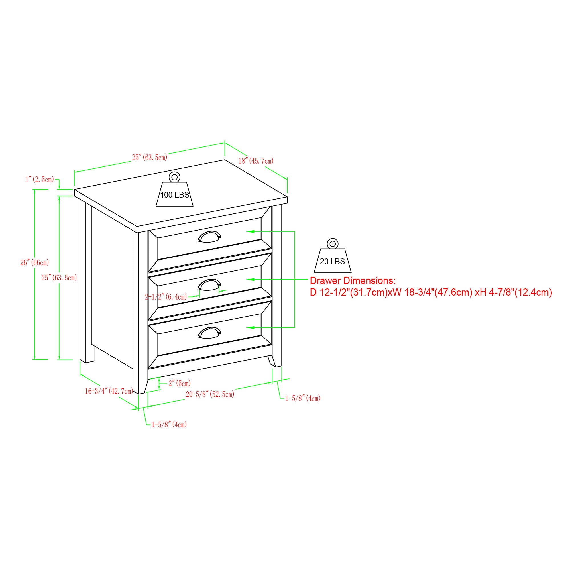 Transitional Farmhouse Framed 3 Drawer Nighstand With Cup Handles