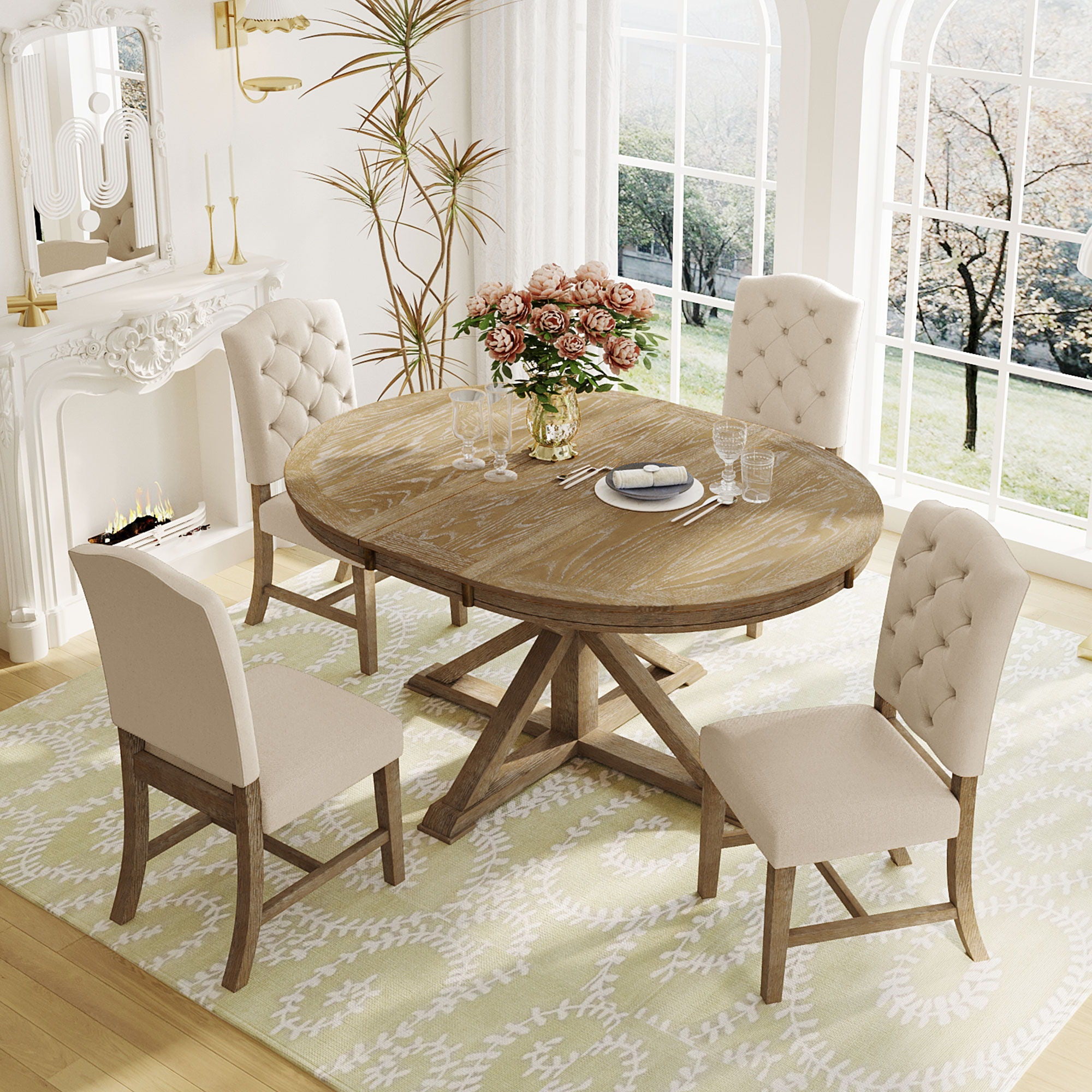 Functional Furniture Retro Style Dining Table Set With Extendable Table And 4 Upholstered Chairs For Dining Room And Living Room