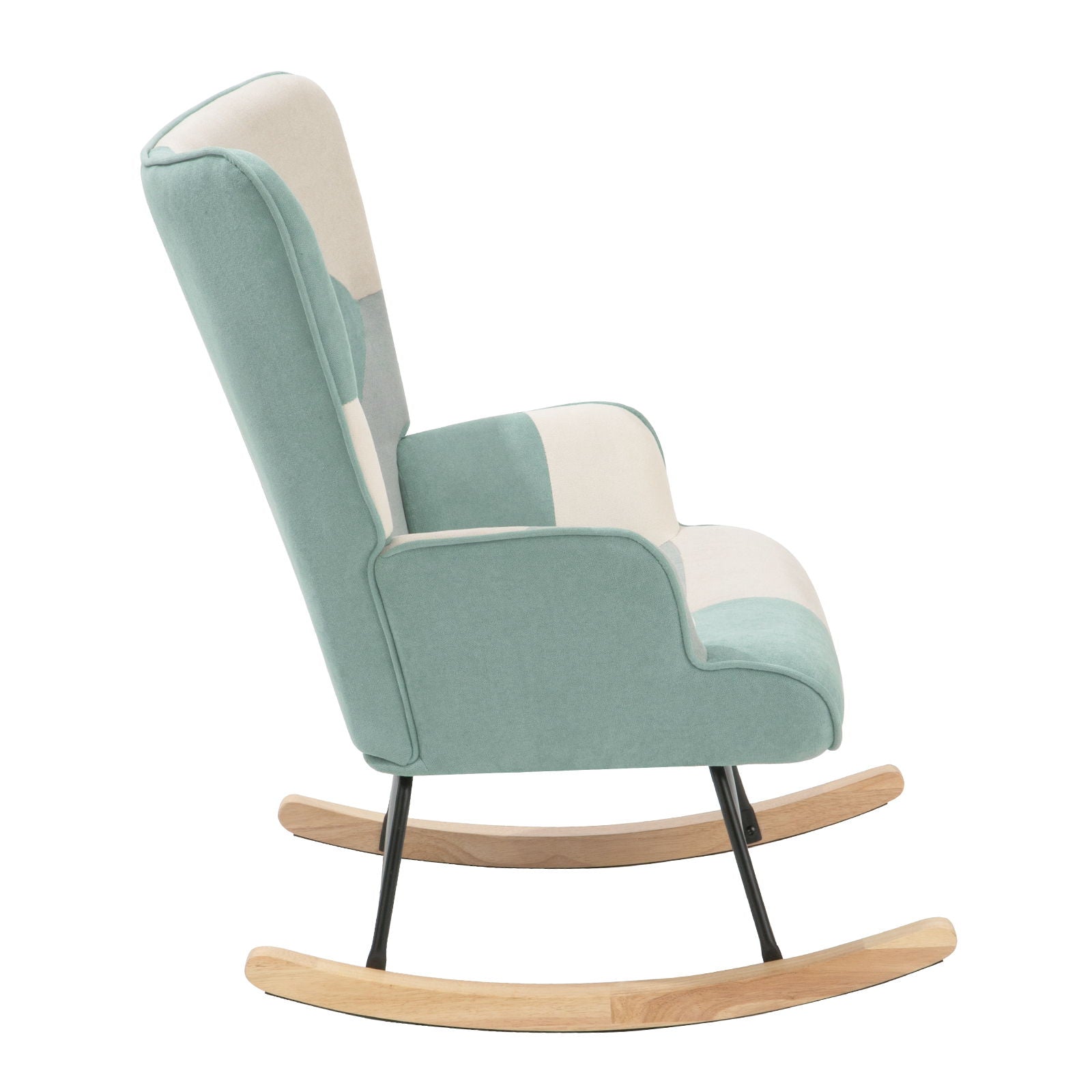 Accent Rocking Chair, Mid-Century Fabric Rocker Chair With Wood Legs And Patchwork Linen For Livingroom Bedroom