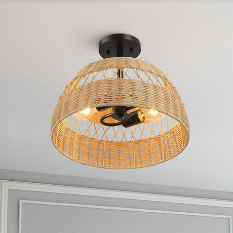 Twinkle - Double Lights Semi Flush With Shade - Black / Rattan - view 4