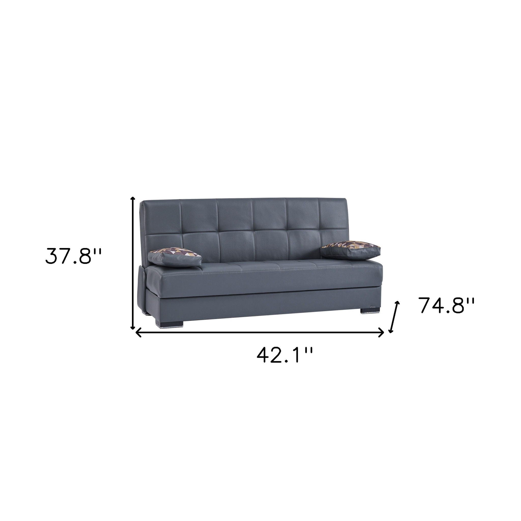 Faux Leather Convertible Futon Sleeper Sofa And Toss Pillows With Brown Legs - Gray