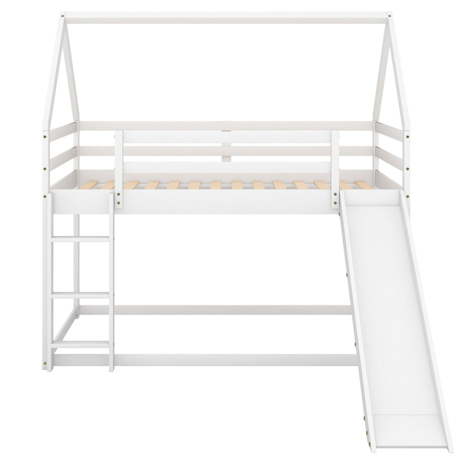 Twin Size Bunk House Bed With Slide And Ladder - White