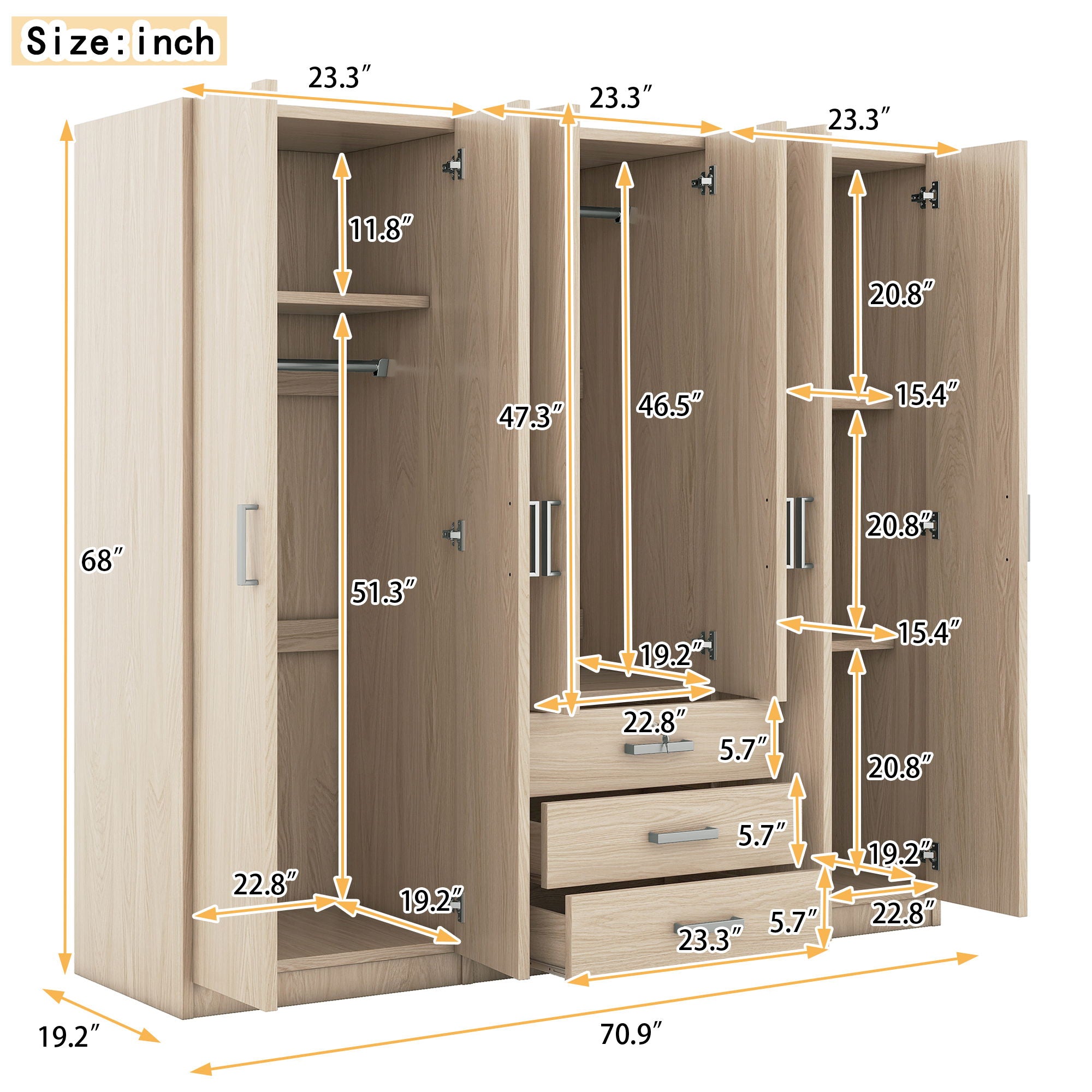 6 Doors Wooden Wardrobe Storage For Bedroom With Big Drawers