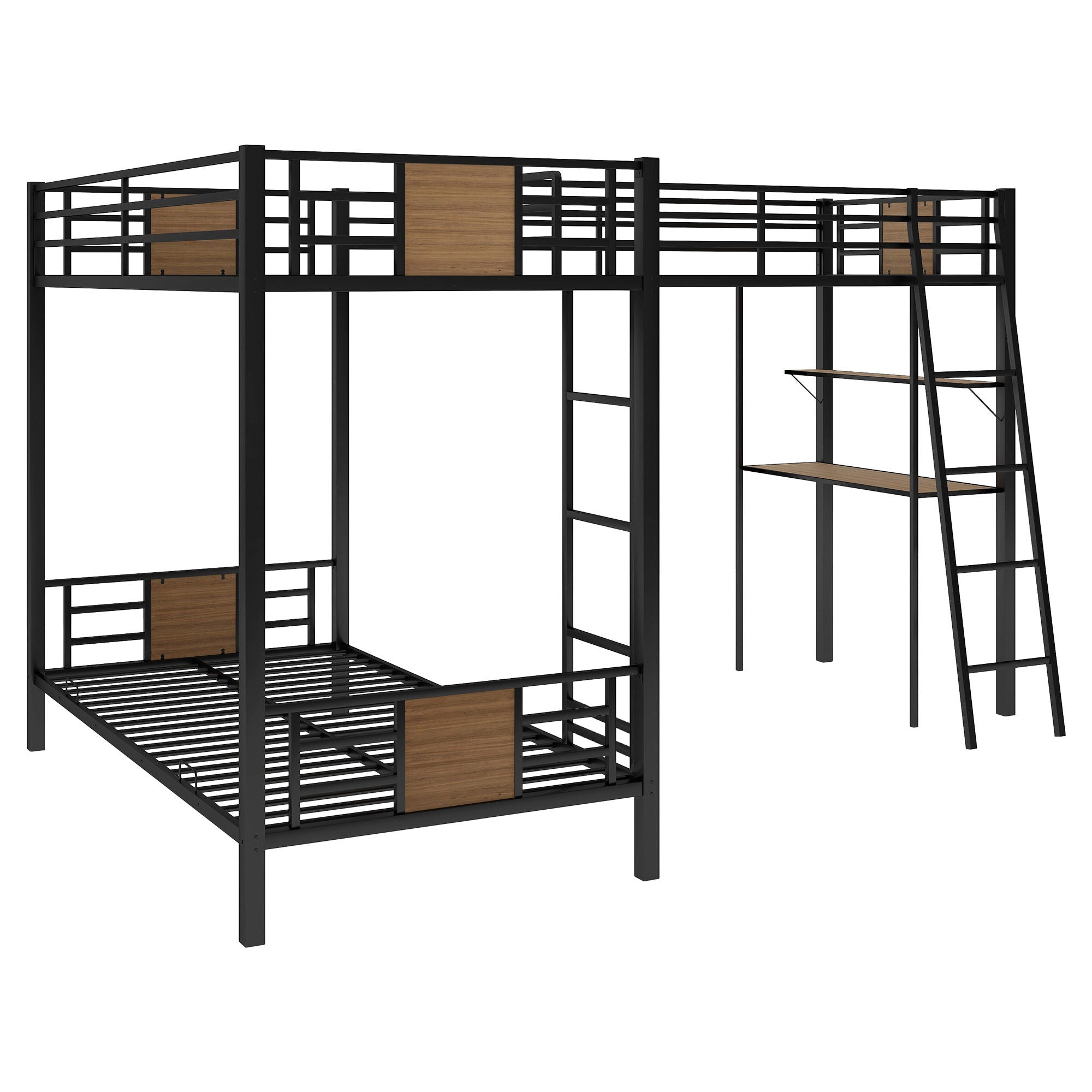 L-Shaped Twin Over Twin Bunk Bed With Twin Size Loft Bed With Desk And Shelf - Brown