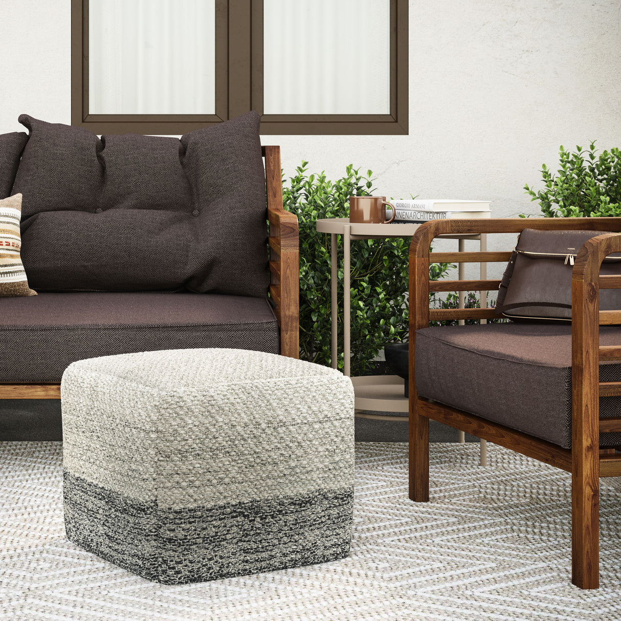 Macie - Square Woven Outdoor / Indoor Pouf - Gray / White by Simpli-Home | Bel Furniture