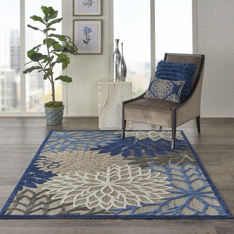 6' X 9' Floral Indoor Outdoor Area Rug - Blue