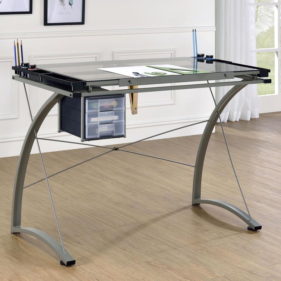 Melo - Glass Top DRAFting Table With Storage - Silver by CoasterEveryday | Bel Furniture