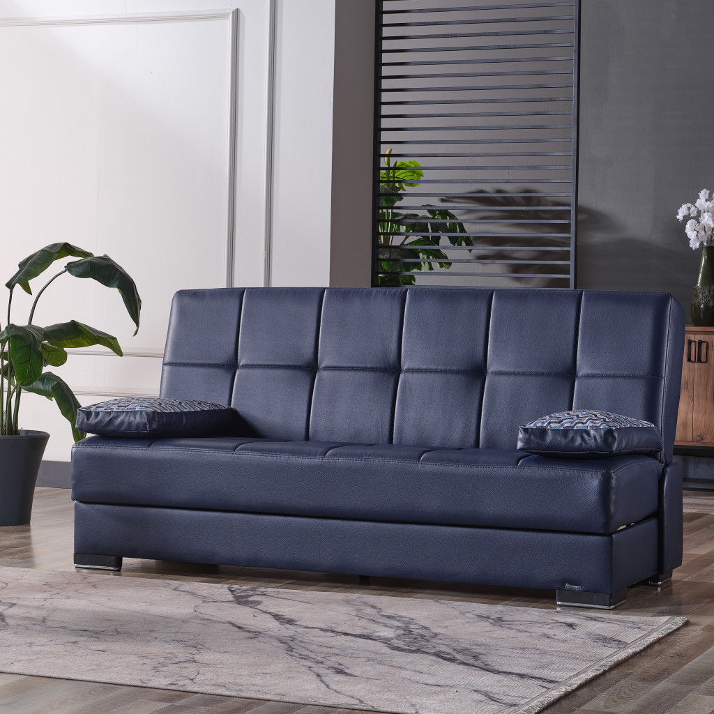 Faux Leather Convertible Futon Sleeper Sofa And Toss Pillows With Brown Legs - Blue