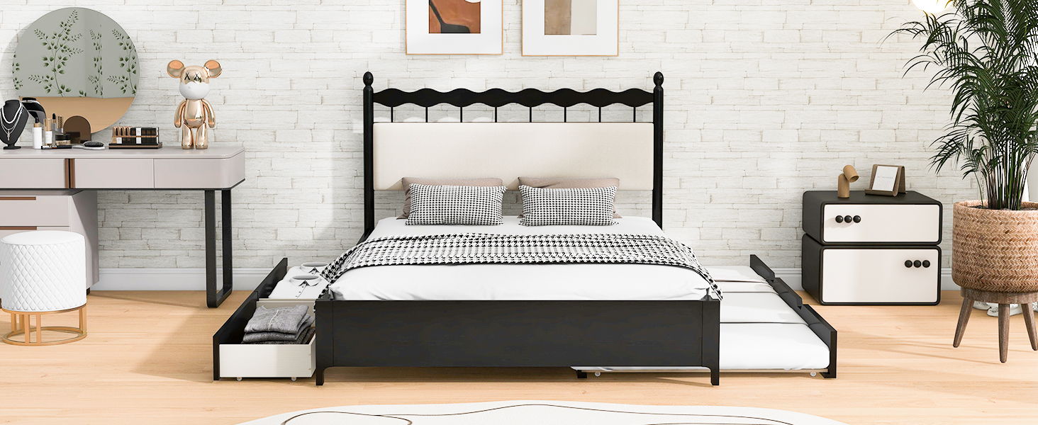 Wooden Storage Platform Bed, With 2 Big Drawers & Trundle