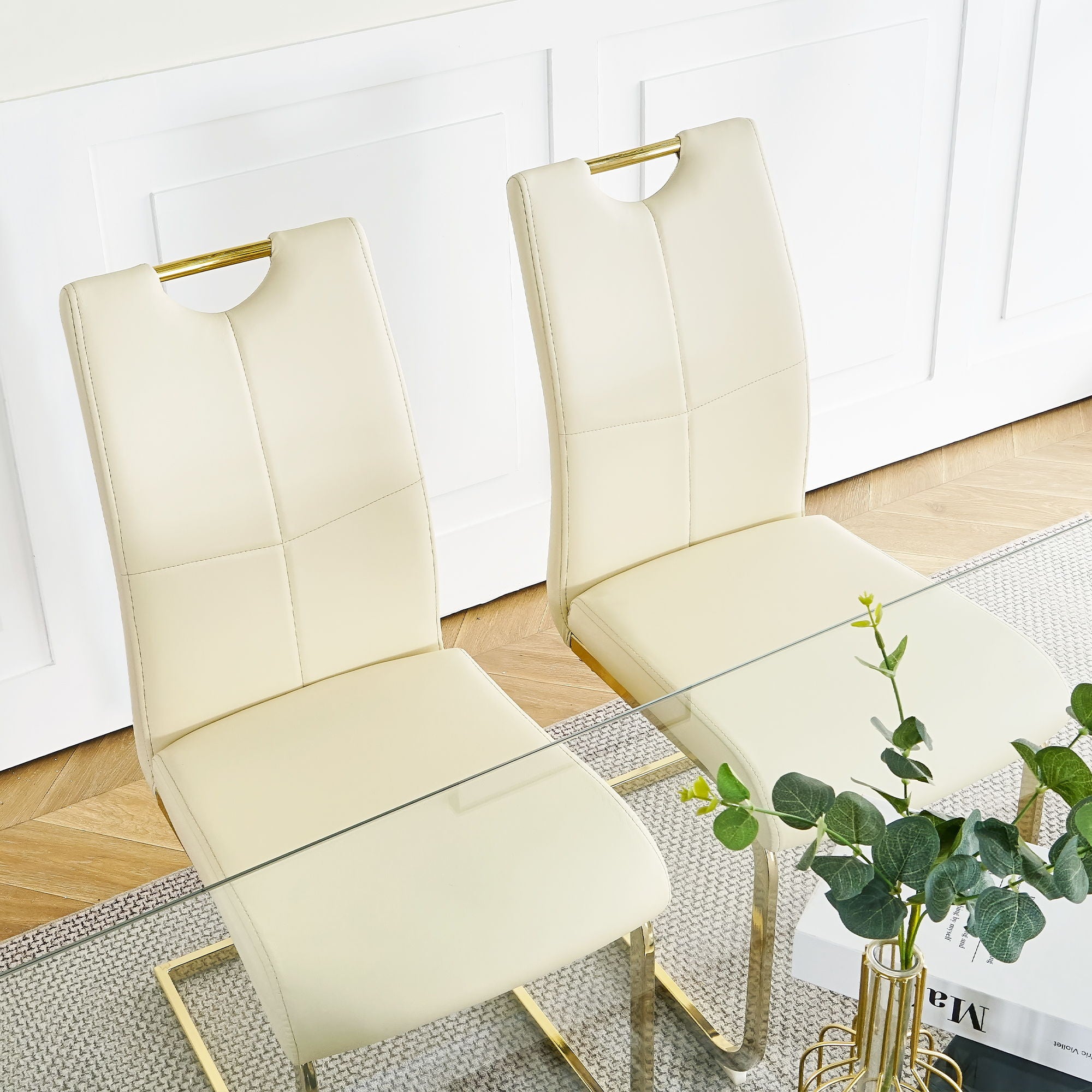 Modern Style Glass Dining Table With Elegant Transparent Design, Solid Support Base, Pale Yellow Dining Chair Set With Gold-Plated Legs, Suitable For Restaurant Kitchens