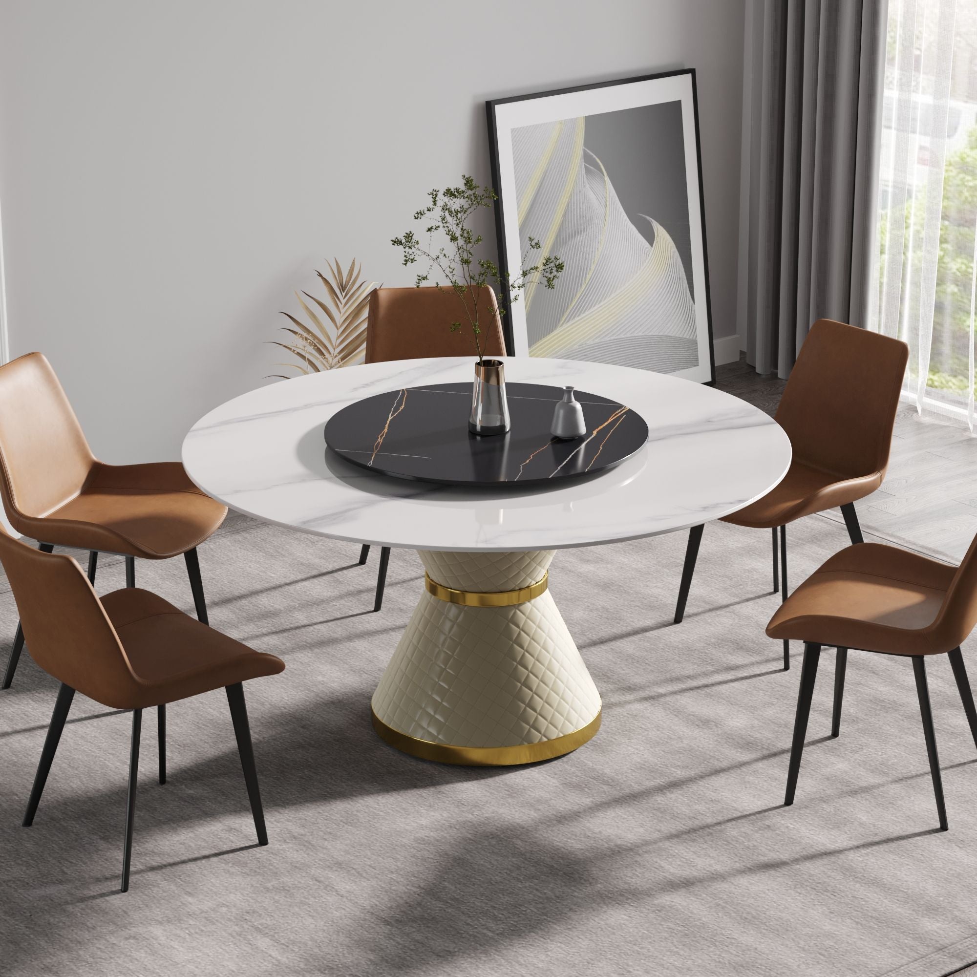 Modern Artificial Stone Round Carbon Steel Base Dining Table, Artificial Stone Turntable