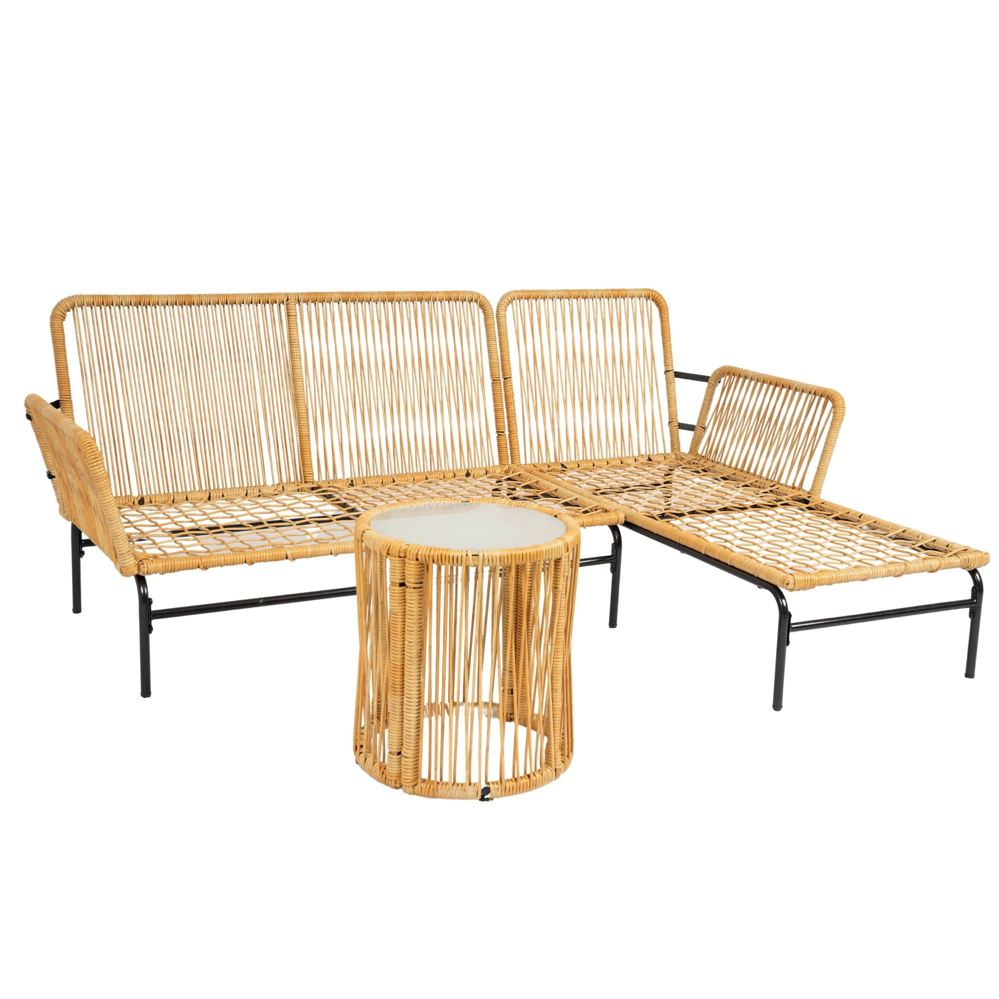 3 Pieces Outdoor Patio Wicker Furniture Sets Table And Chairs With Thick Cushion Outdoor Sofa Set Wicker And Cushion - Natural Yellow / Creme