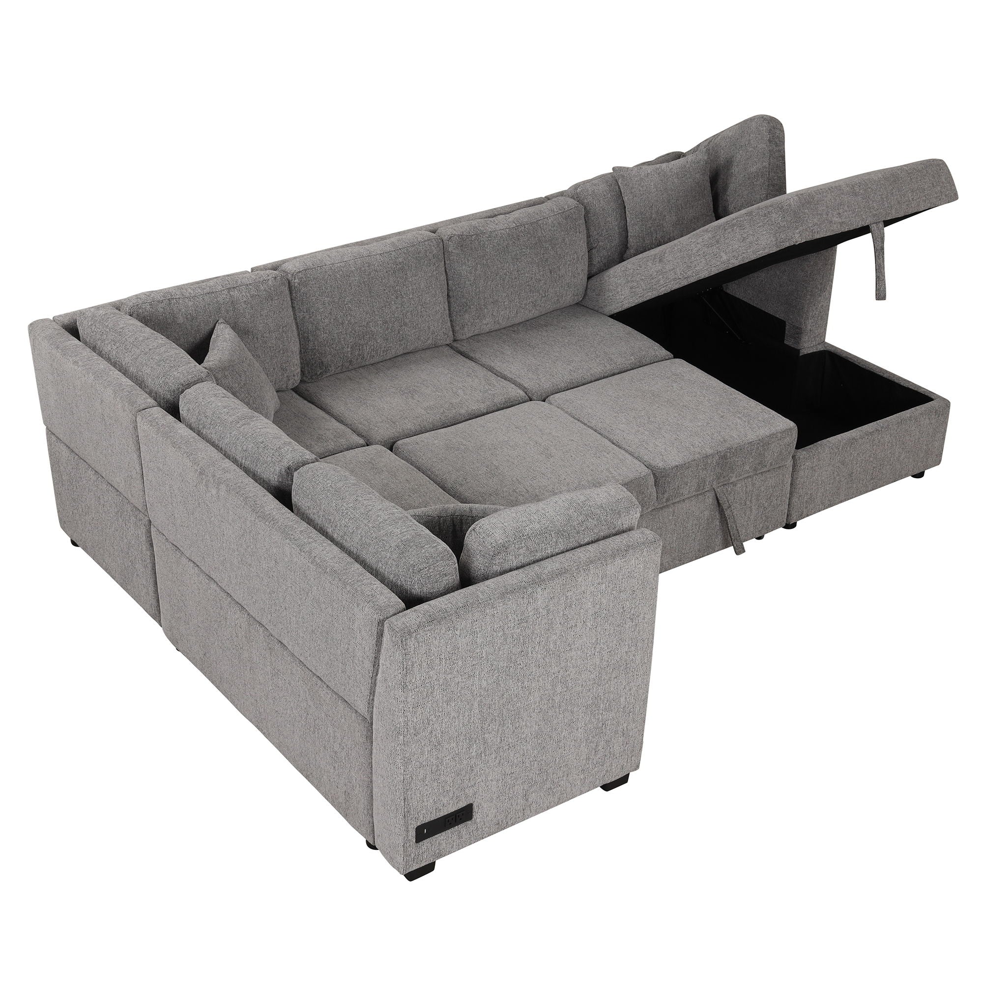 U-Shaped Sectional Sofa Pull Out Sofa Bed With Two USB Ports, Two Power Sockets, Three Back Pillows And A Storage Chaise For Living Room