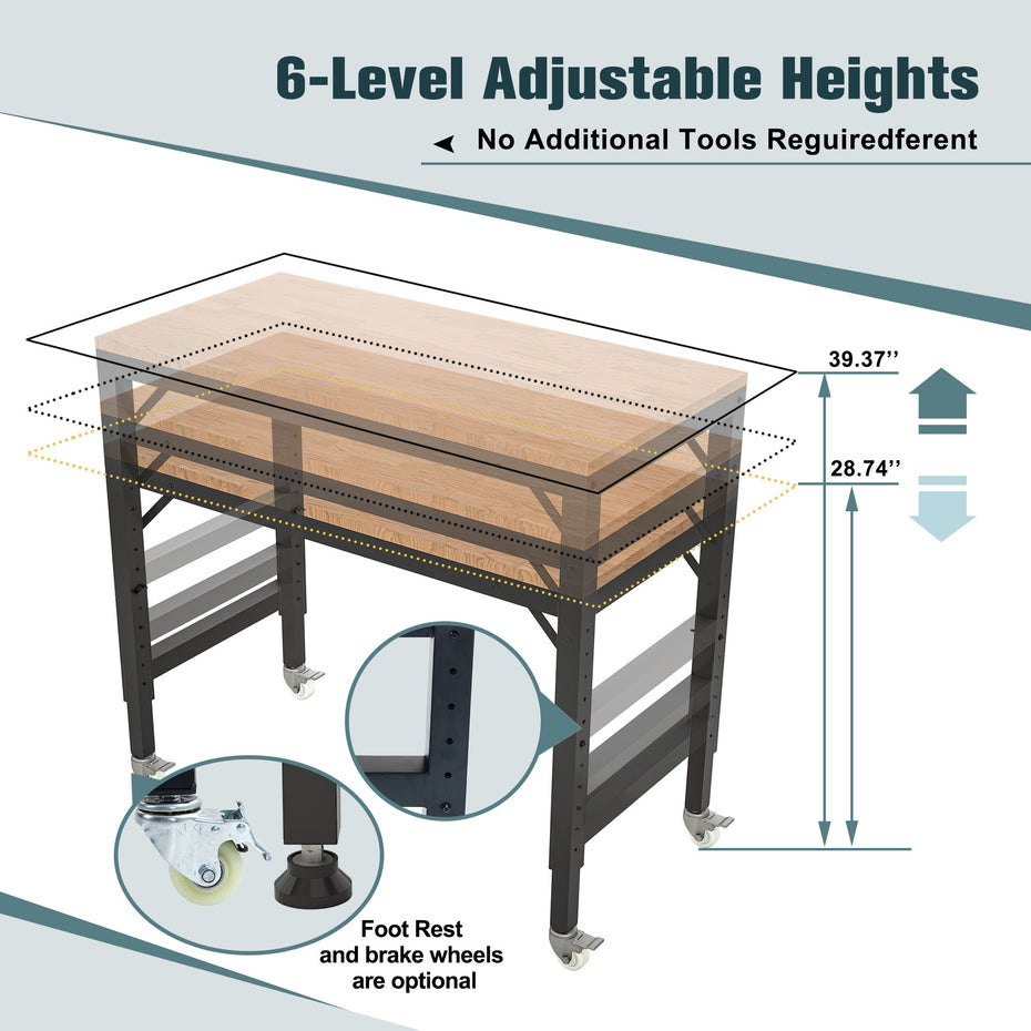 Heavy Duty Adjustable Workbench For Garage, Rubber Wood Shop Table WithMetal Wheels, Hardwood Workstation Weight Capacity Over 2000 Lbs With Wheels - Black