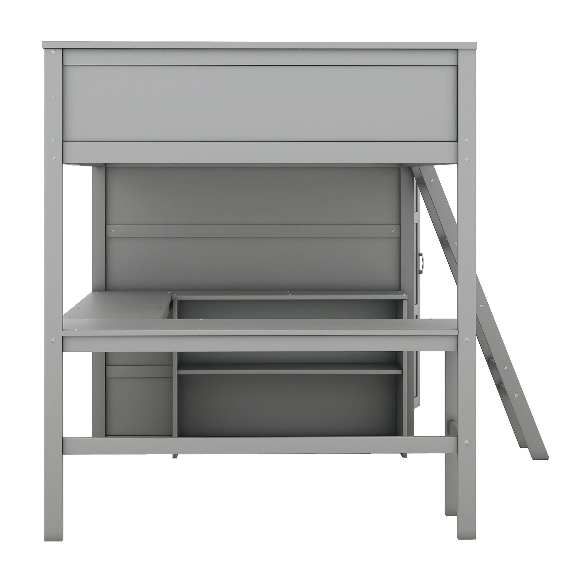 Full Size Loft Bed With Desk, Shelves And Wardrobe - Gray