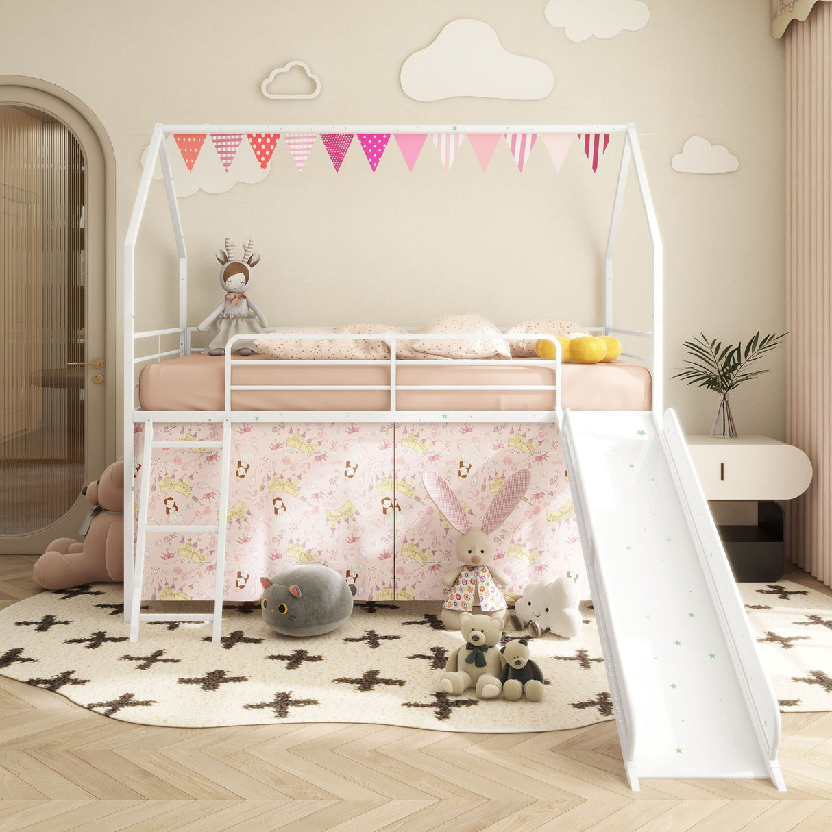 Jack - House Loft Bed With Slide And Curtain Set